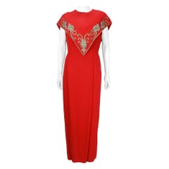 Retro 1960s Mr Blackwell Custom Red Crepe Beaded Gown and Cape