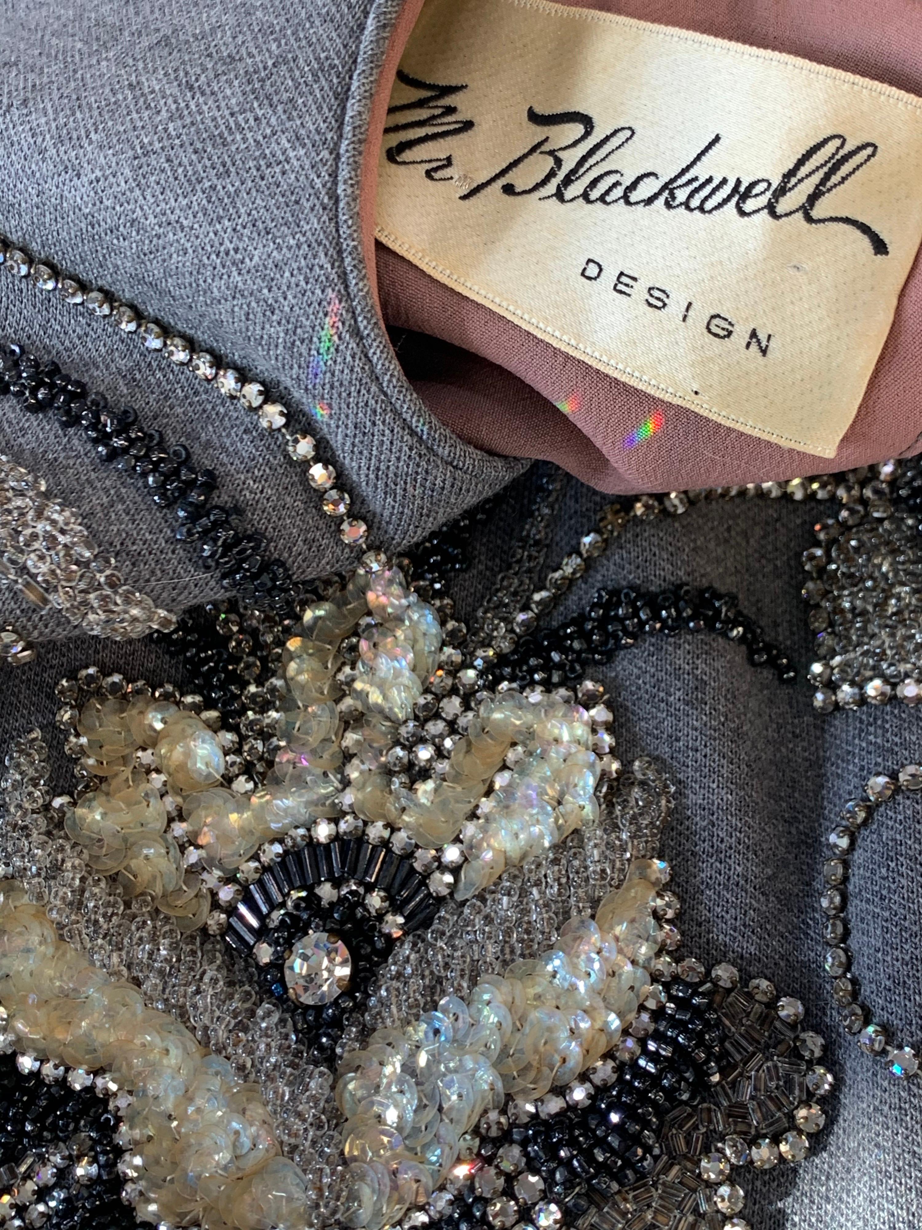 1960s Mr. Blackwell Gray Wool Knit Mini Dress w/ Fabulous Metallic Jewel Florals For Sale 7