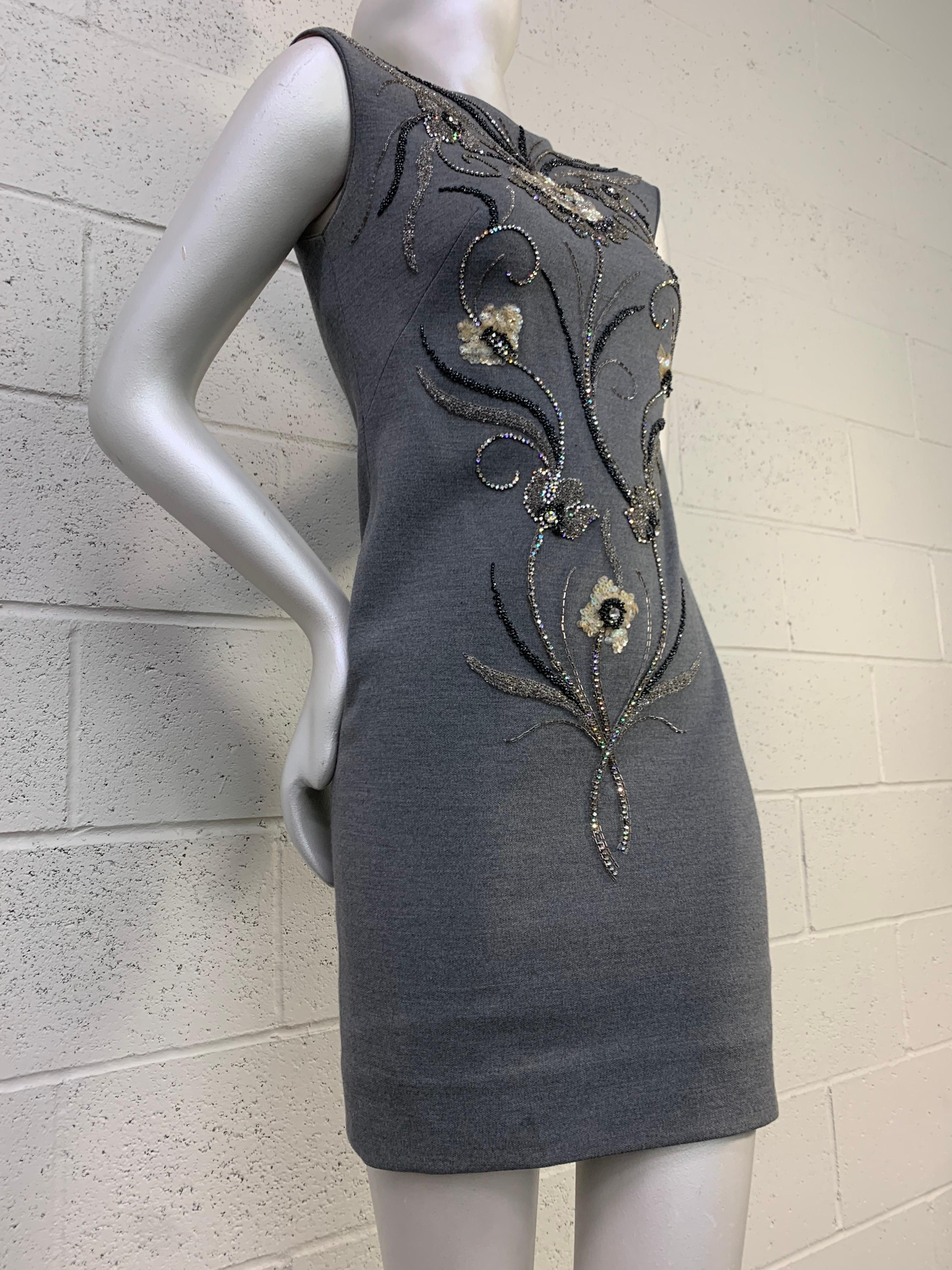 1960s Mr. Blackwell Gray Wool Knit Mini Dress w/ Fabulous Metallic Jewel Florals: Sleeveless, fully lined and gorgeous. Size 4. 