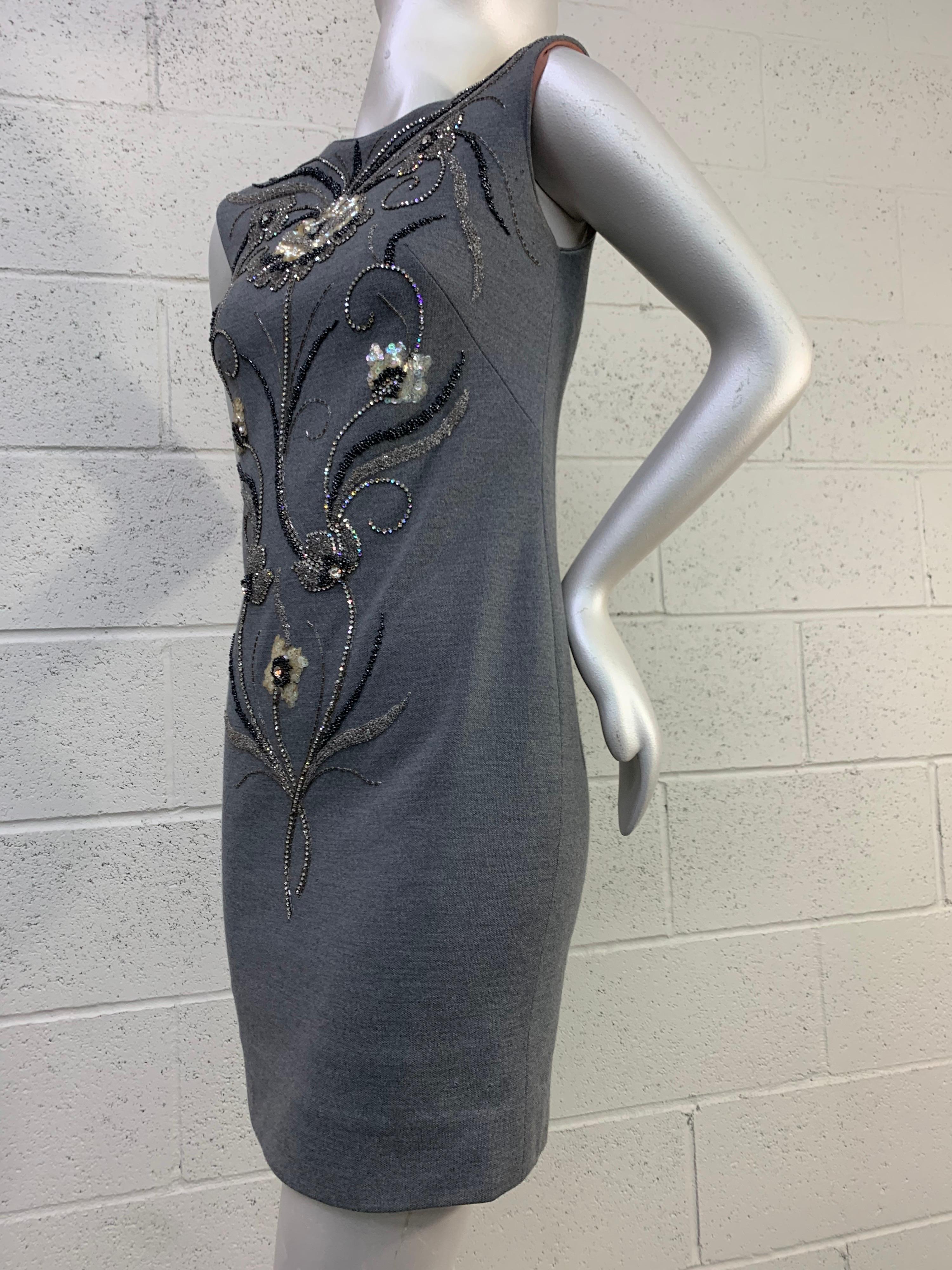 1960s Mr. Blackwell Gray Wool Knit Mini Dress w/ Fabulous Metallic Jewel Florals In Excellent Condition For Sale In Gresham, OR