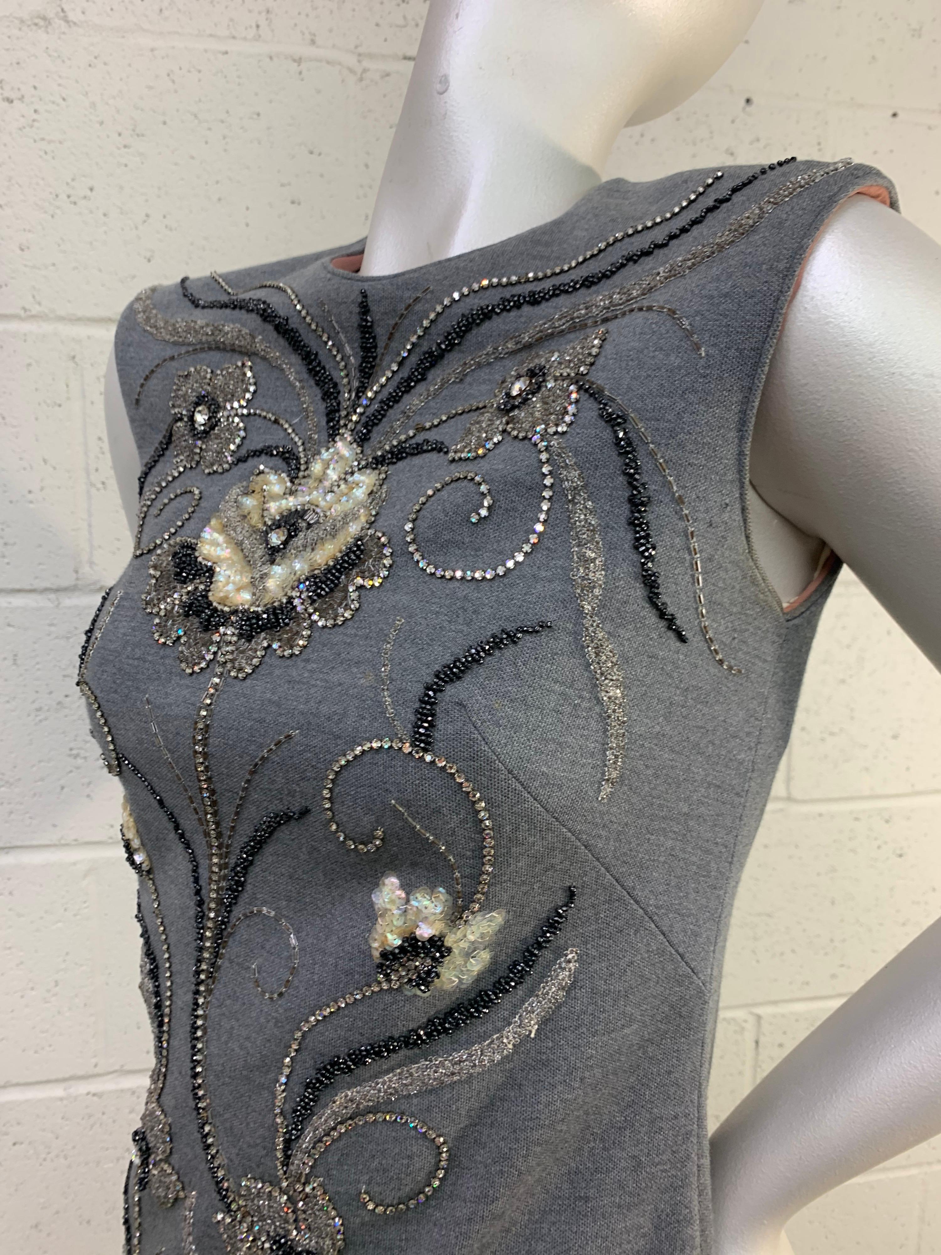 Women's 1960s Mr. Blackwell Gray Wool Knit Mini Dress w/ Fabulous Metallic Jewel Florals For Sale