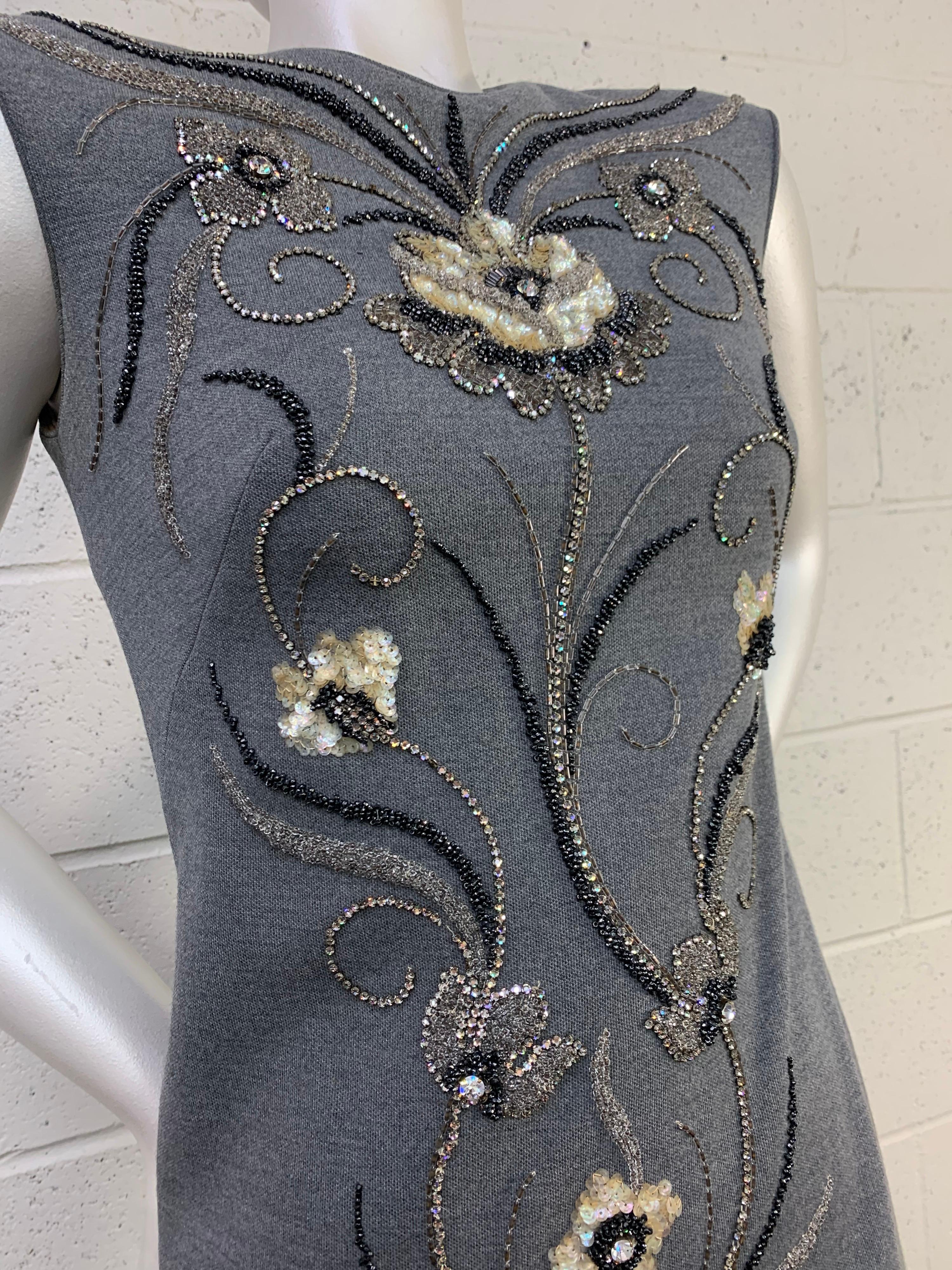 1960s Mr. Blackwell Gray Wool Knit Mini Dress w/ Fabulous Metallic Jewel Florals For Sale 1