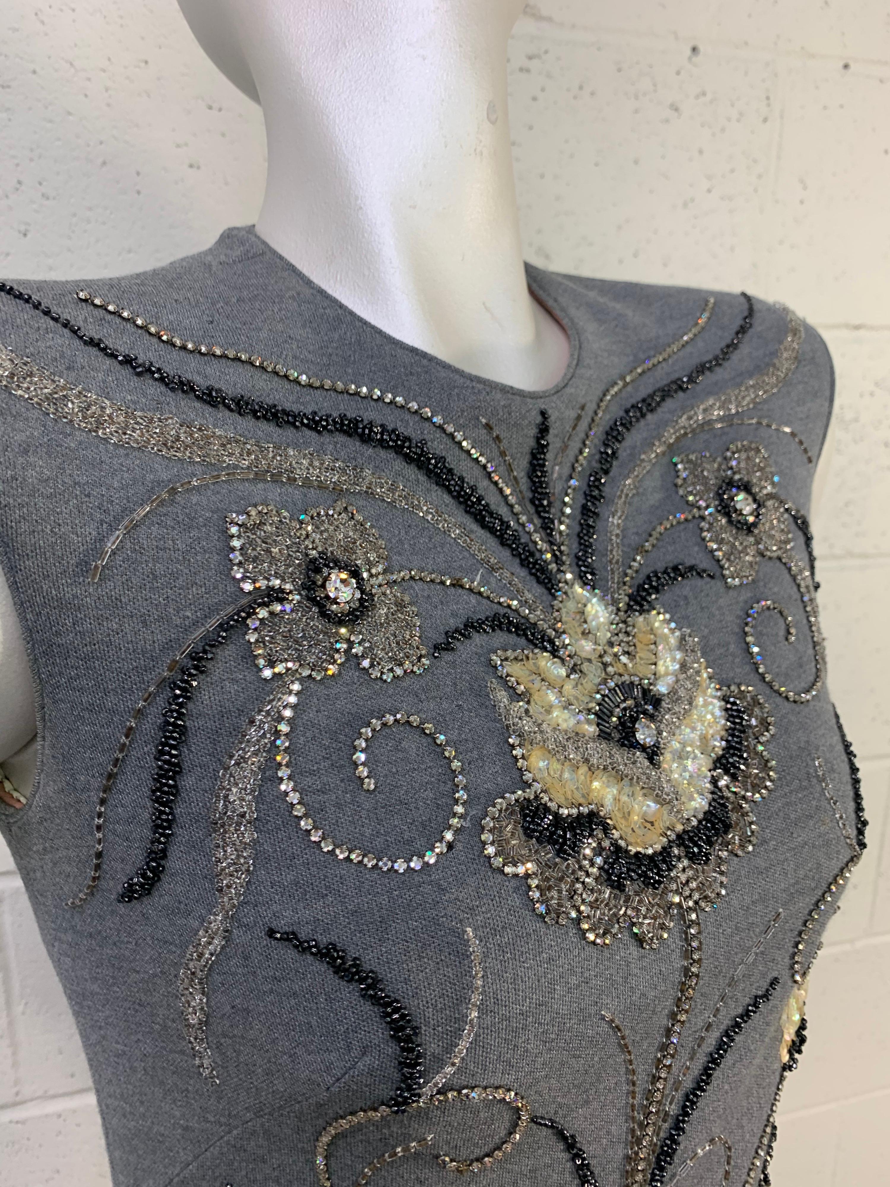 1960s Mr. Blackwell Gray Wool Knit Mini Dress w/ Fabulous Metallic Jewel Florals For Sale 3