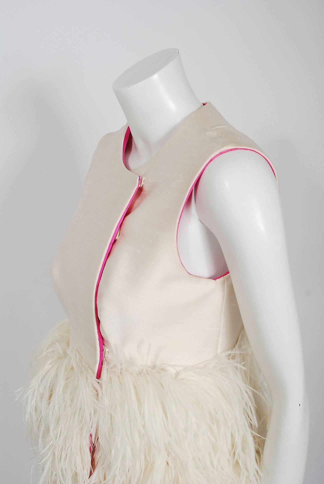 Beige 1960's Mr. Blackwell Ivory Silk and Ostrich-Feather Sleeveless Mod Mini Dress