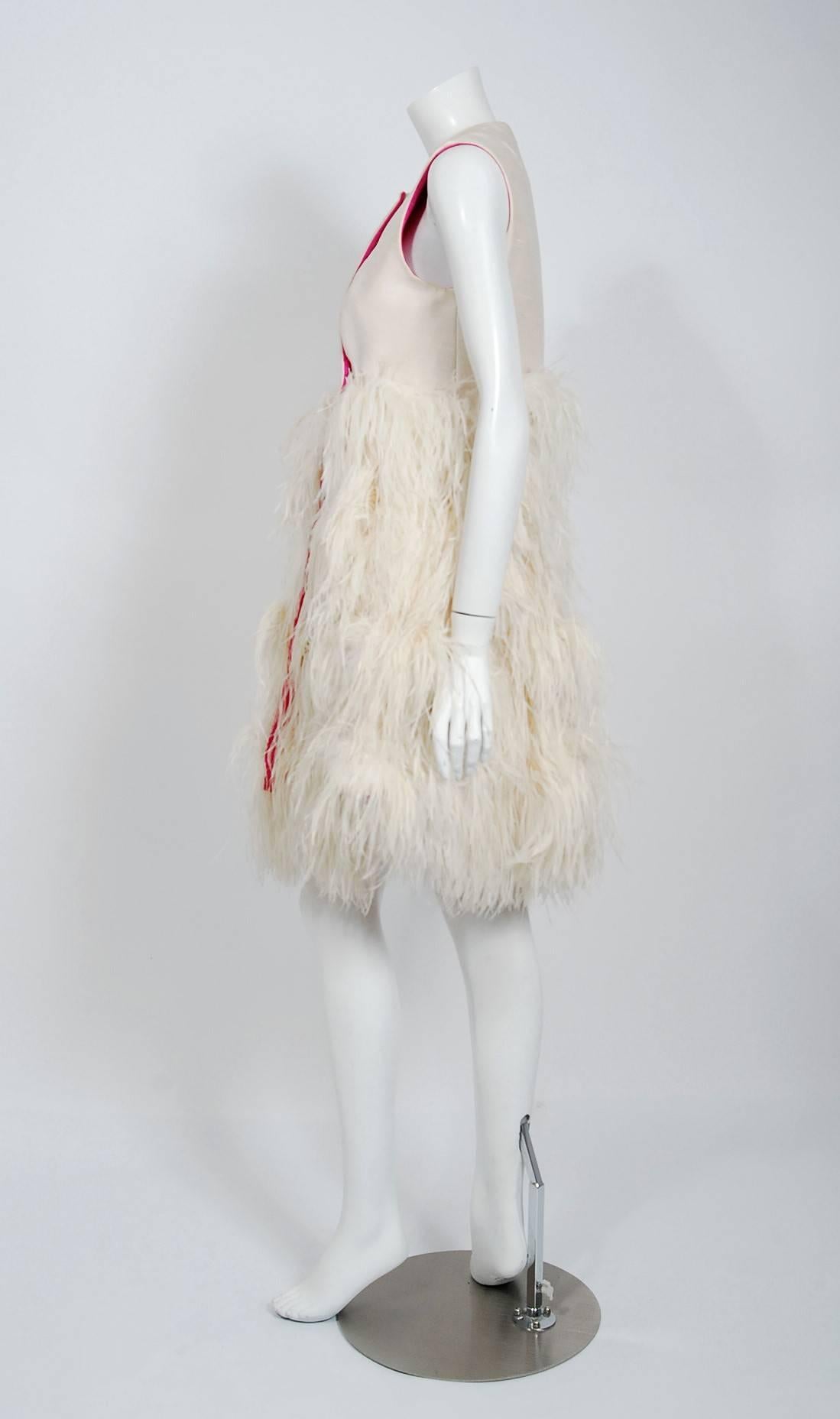 Women's 1960's Mr. Blackwell Ivory Silk and Ostrich-Feather Sleeveless Mod Mini Dress