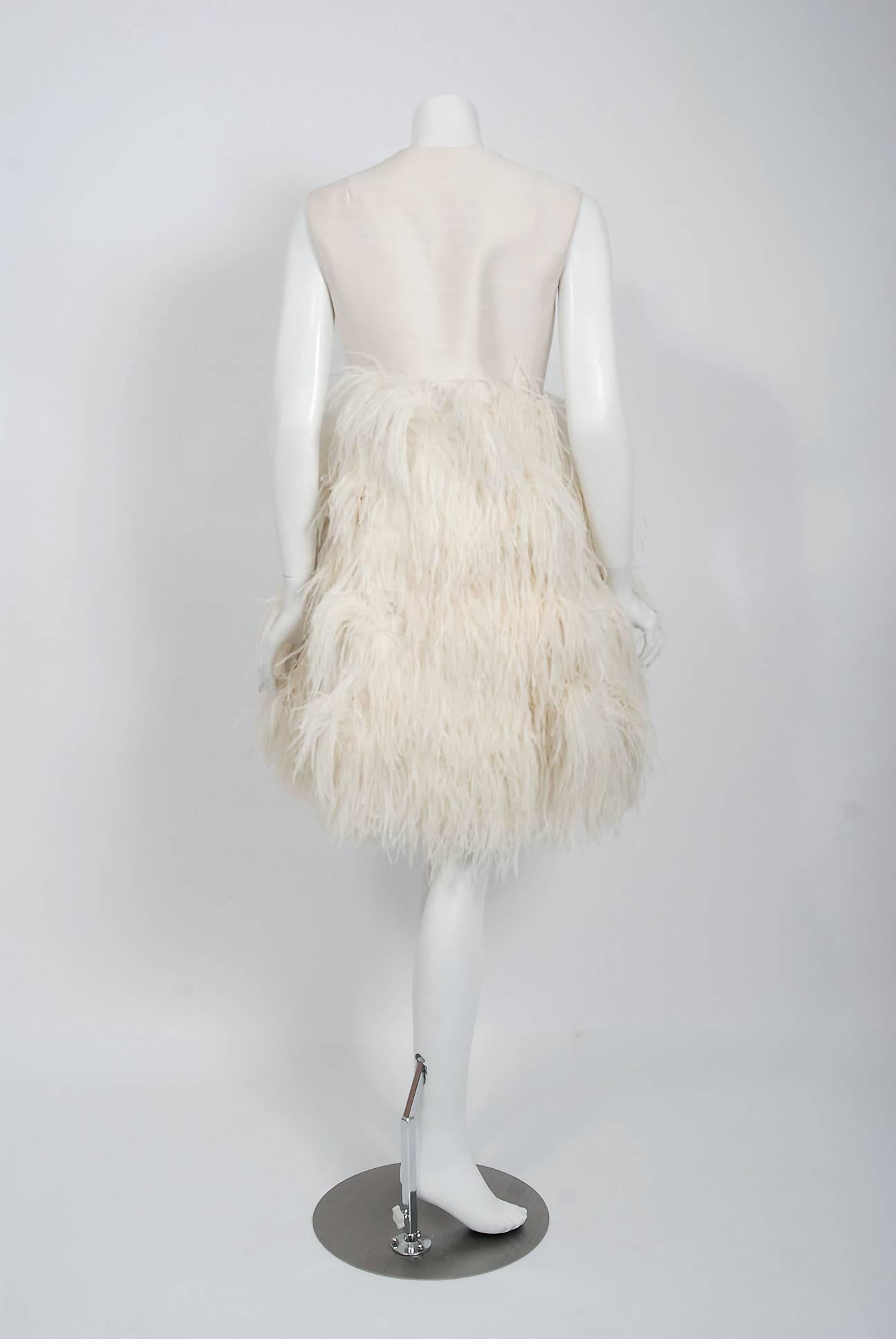1960's Mr. Blackwell Ivory Silk and Ostrich-Feather Sleeveless Mod Mini Dress 1