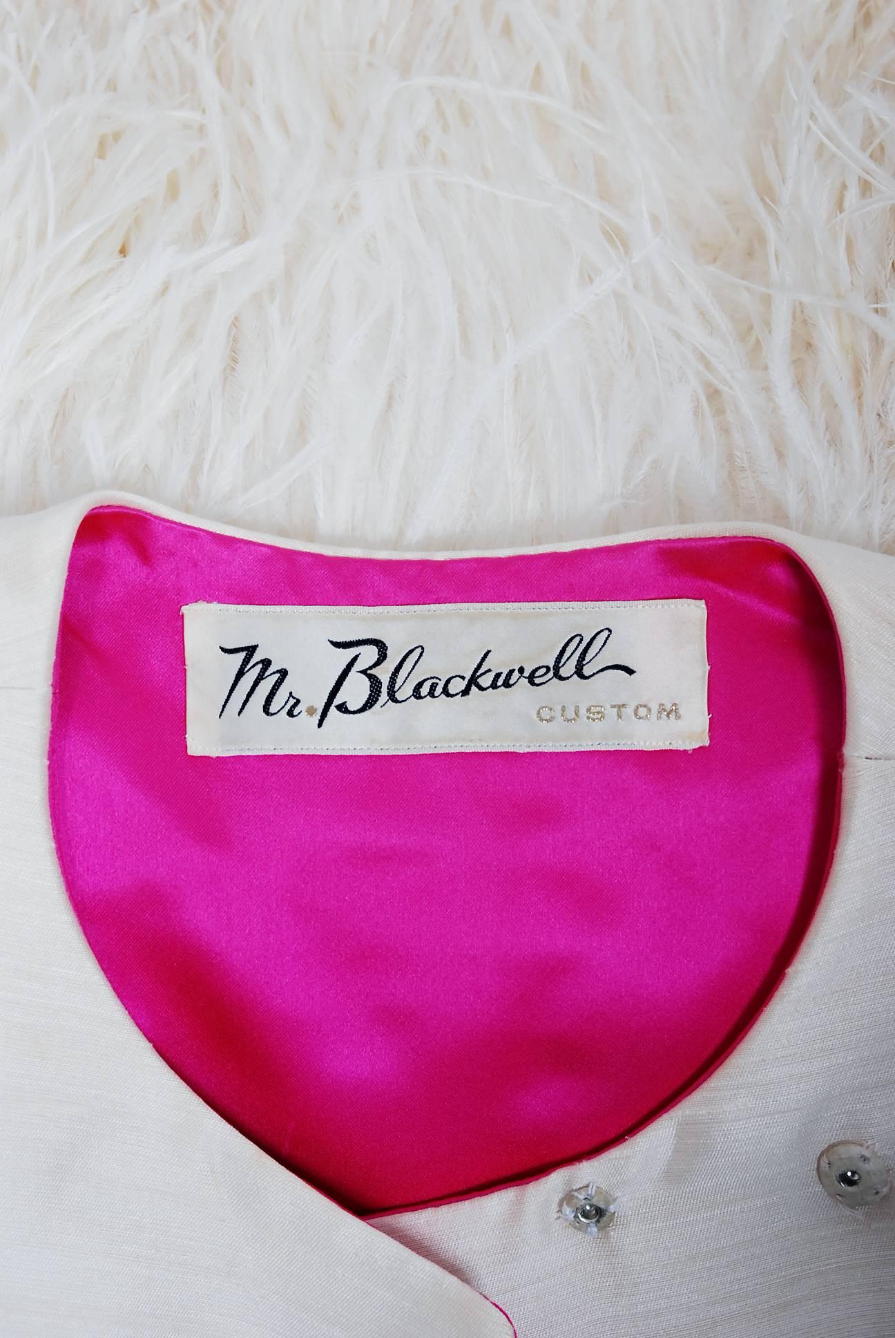 1960's Mr. Blackwell Ivory Silk and Ostrich-Feather Sleeveless Mod Mini Dress 2