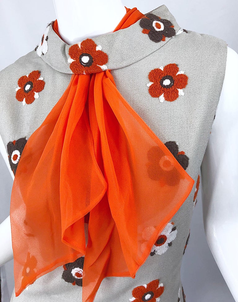 Women's 1960s Mr Blackwell Khaki + Orange Linen Embroidered Vintage 60s Shift Dress For Sale