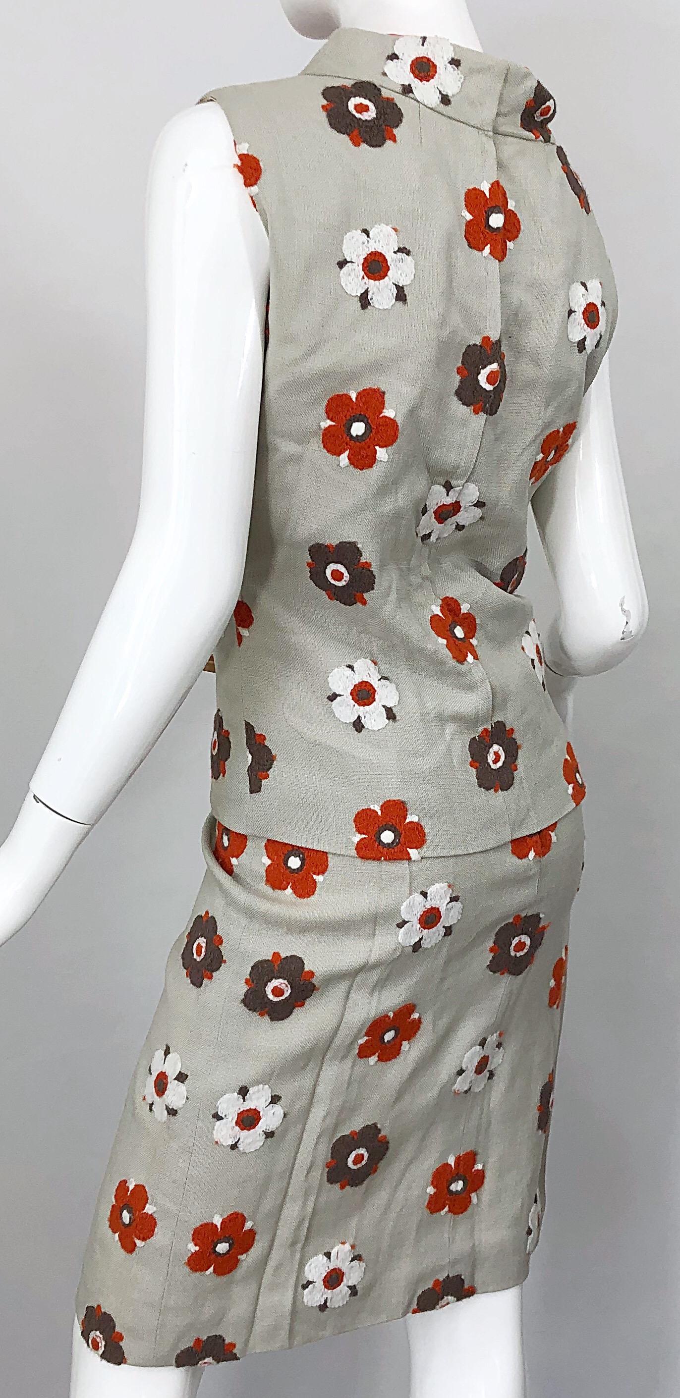 Women's 1960s Mr Blackwell Khaki + Orange Linen Embroidered Vintage 60s Shift Dress For Sale