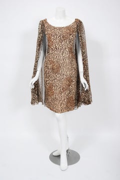 Vintage 1960's Mr. Blackwell Leopard Print Silk Chiffon Cape-Sleeve Dress