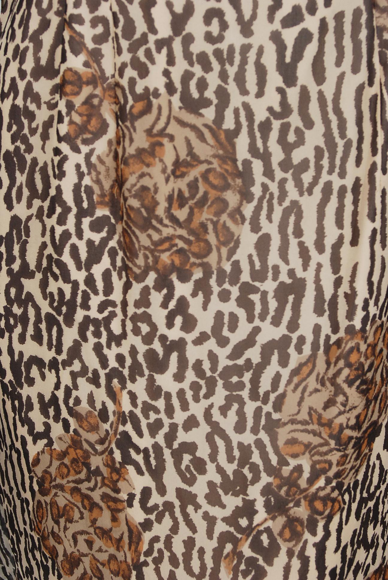 Brown Vintage 1960's Mr. Blackwell Leopard Print Silk Chiffon Cape-Sleeve Dress 
