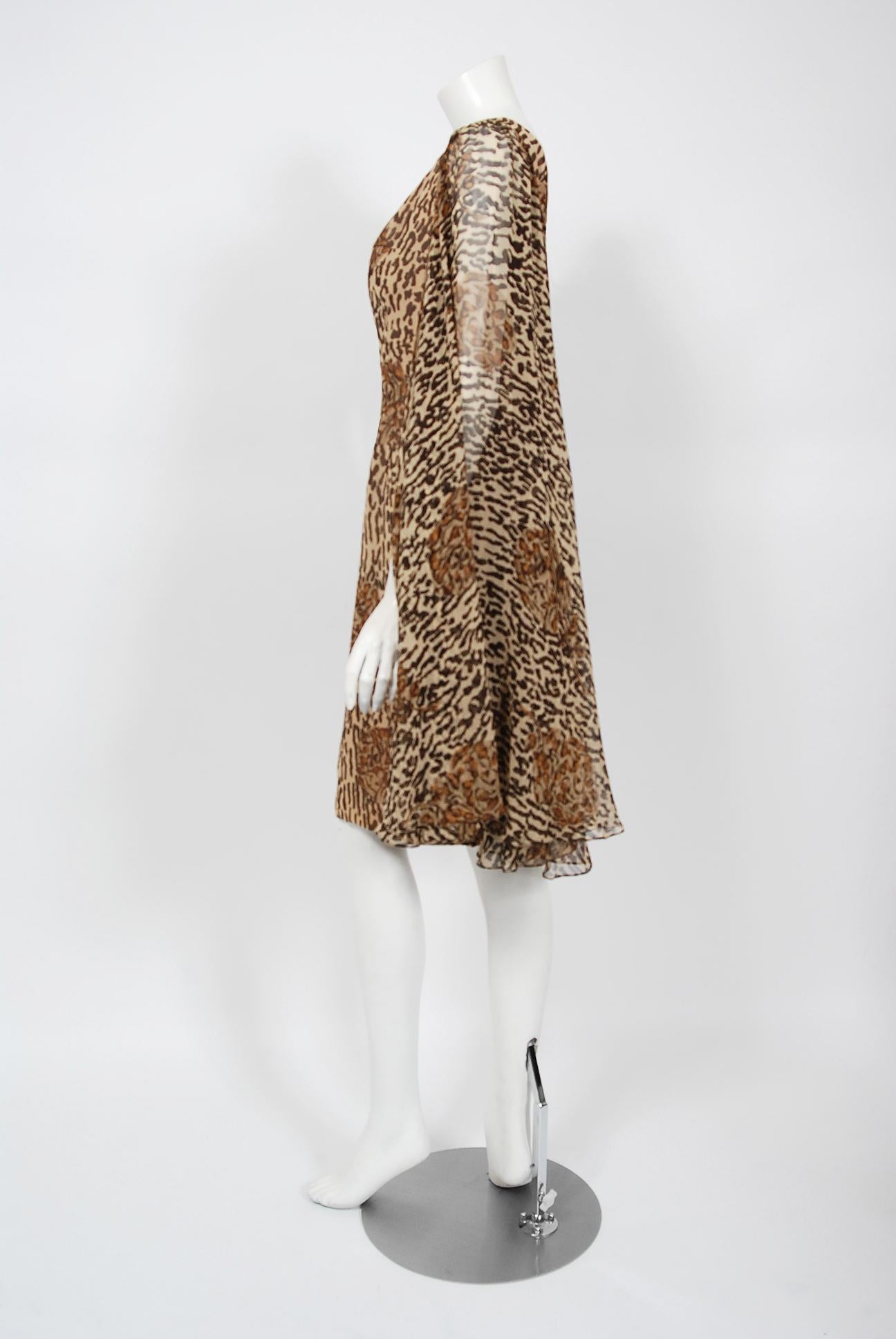 Vintage 1960's Mr. Blackwell Leopard Print Silk Chiffon Cape-Sleeve Dress  In Good Condition In Beverly Hills, CA