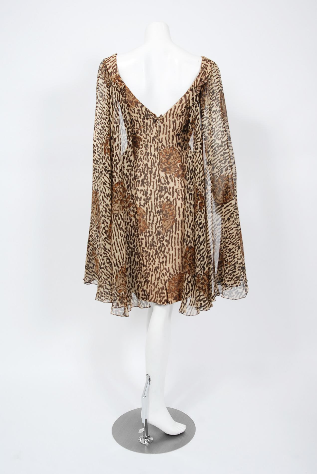 Women's or Men's Vintage 1960's Mr. Blackwell Leopard Print Silk Chiffon Cape-Sleeve Dress 