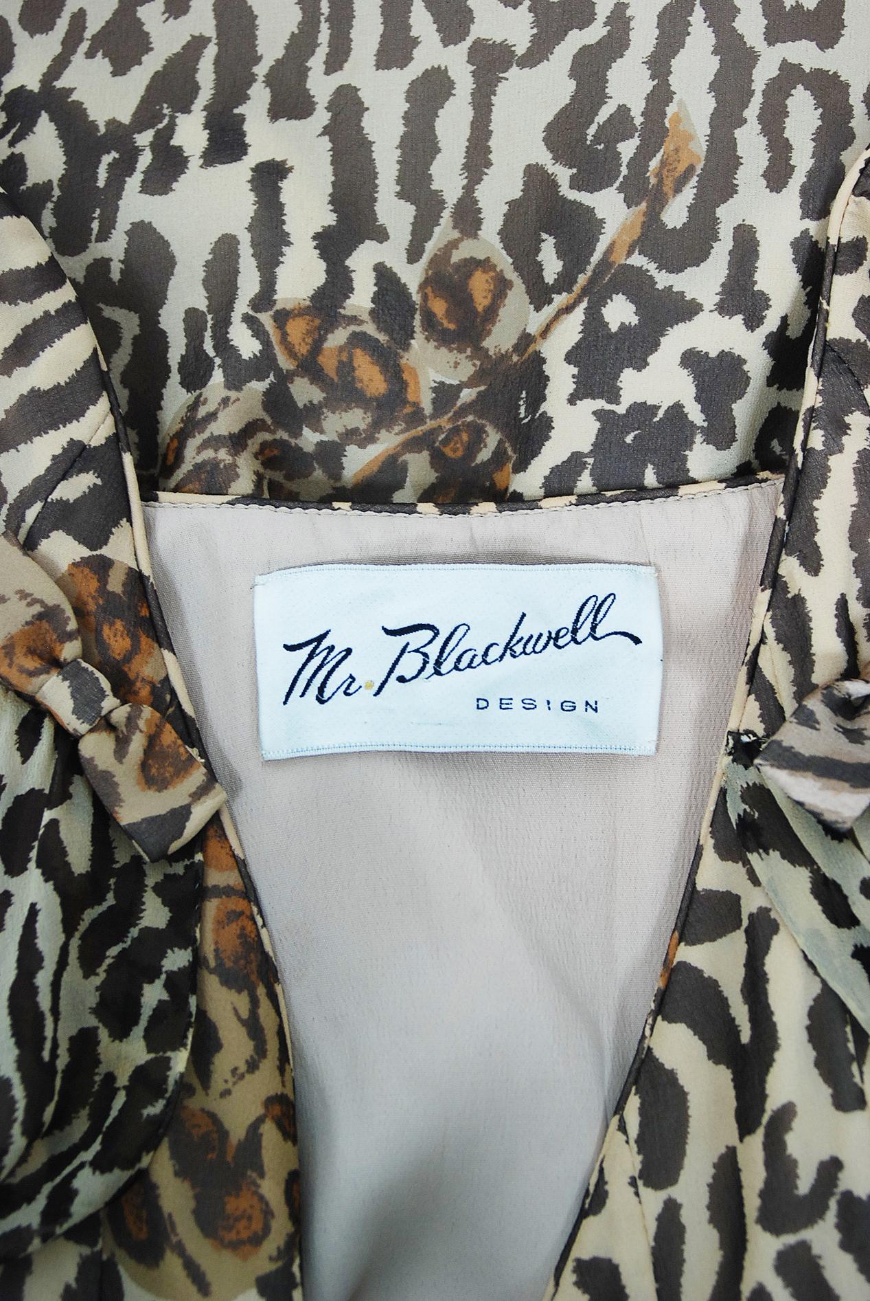 Vintage 1960's Mr. Blackwell Leopard Print Silk Chiffon Cape-Sleeve Dress  2