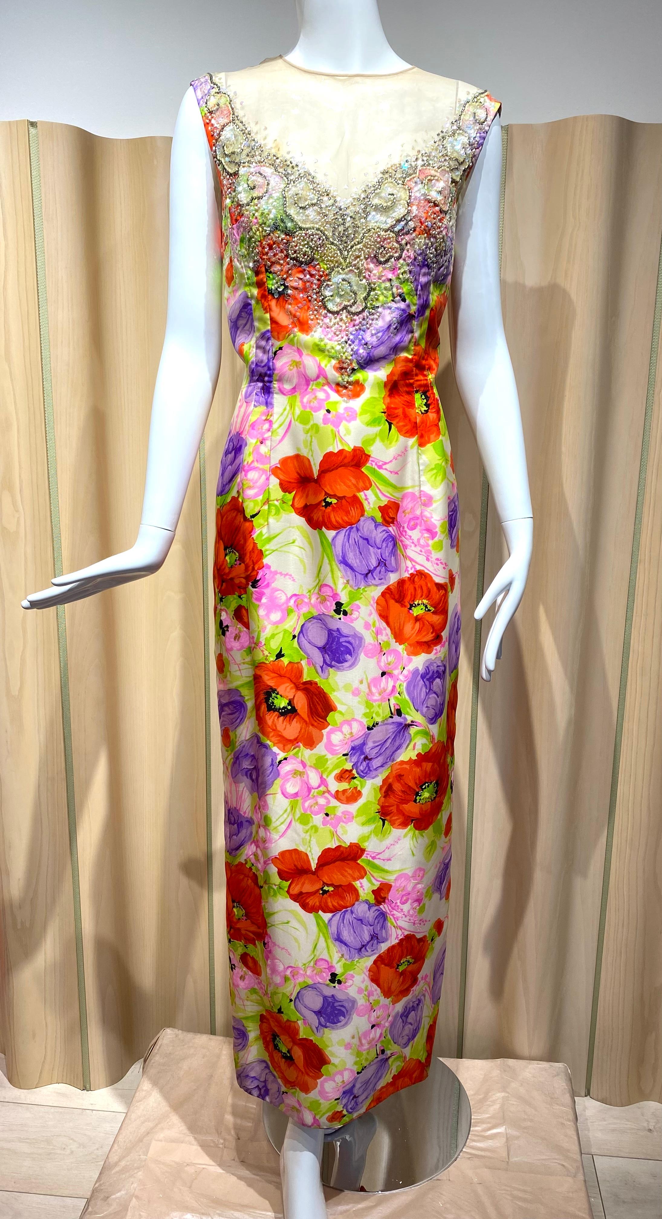 1960s Mr. Blackwell Multi Color Floral Print Silk Sheath Cocktail Dress For Sale 4