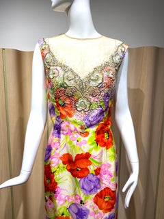 1960s Mr. Blackwell Multi Color Floral Print Silk Sheath Cocktail Dress