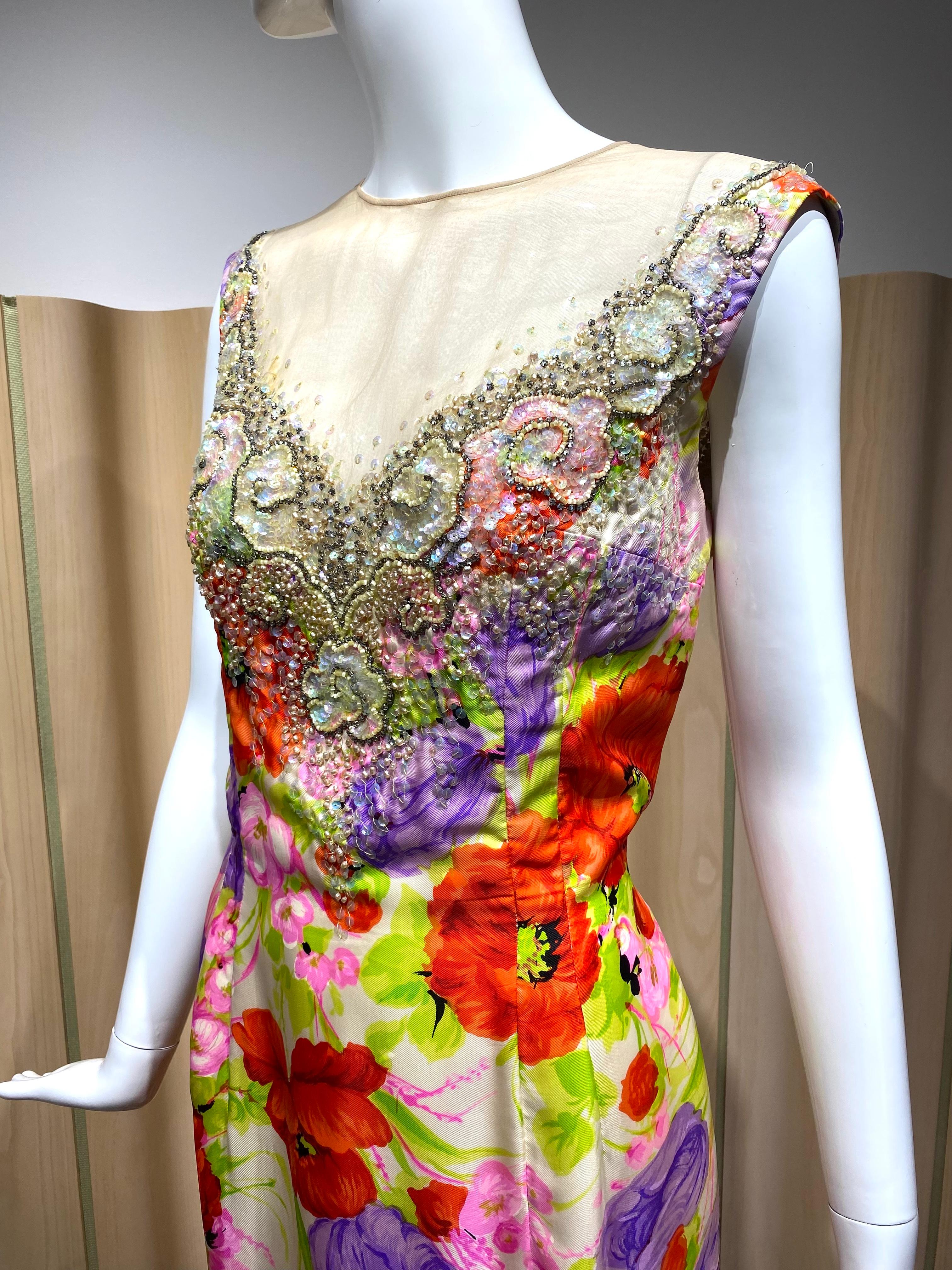 Beige 1960s Mr. Blackwell Multi Color Floral Print Silk Sheath Cocktail Dress For Sale