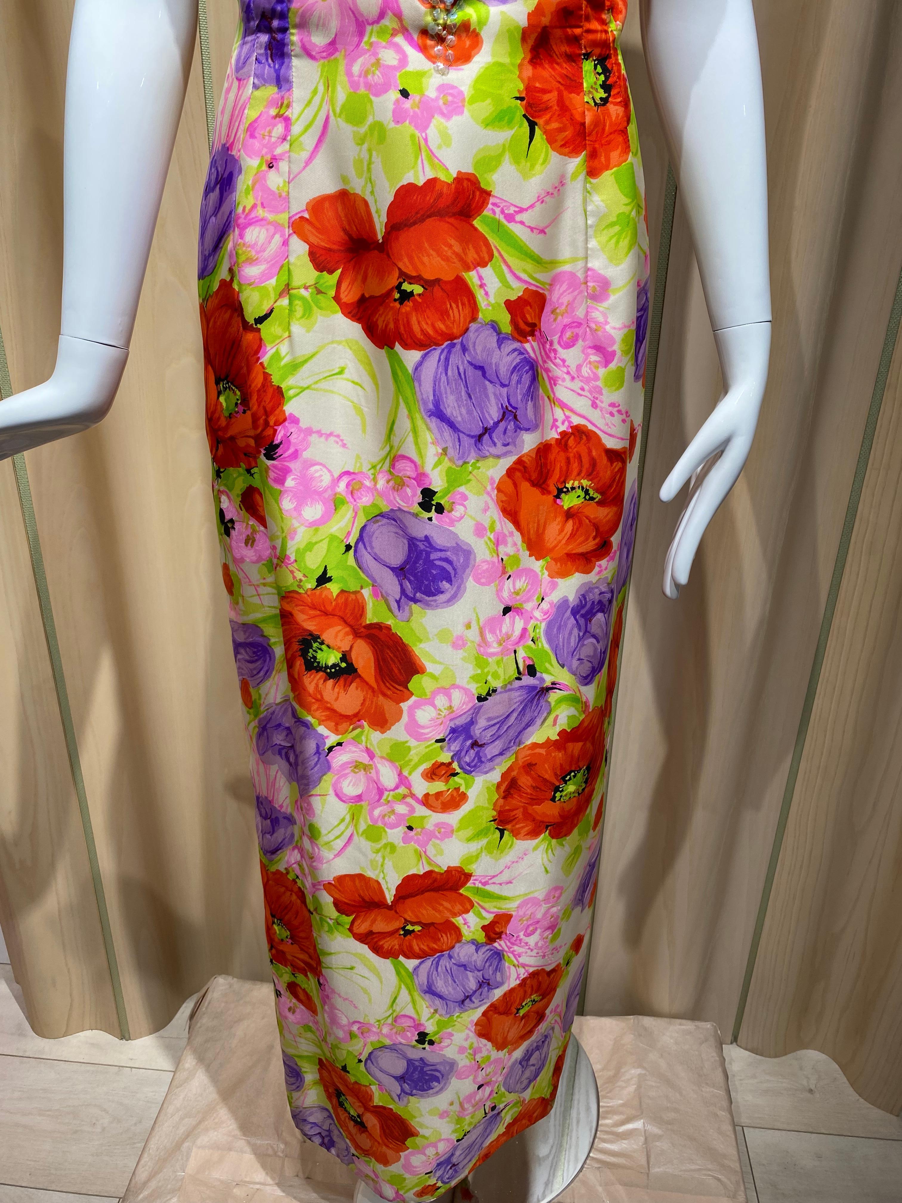 1960s Mr. Blackwell Multi Color Floral Print Silk Sheath Cocktail Dress In Good Condition For Sale In Beverly Hills, CA