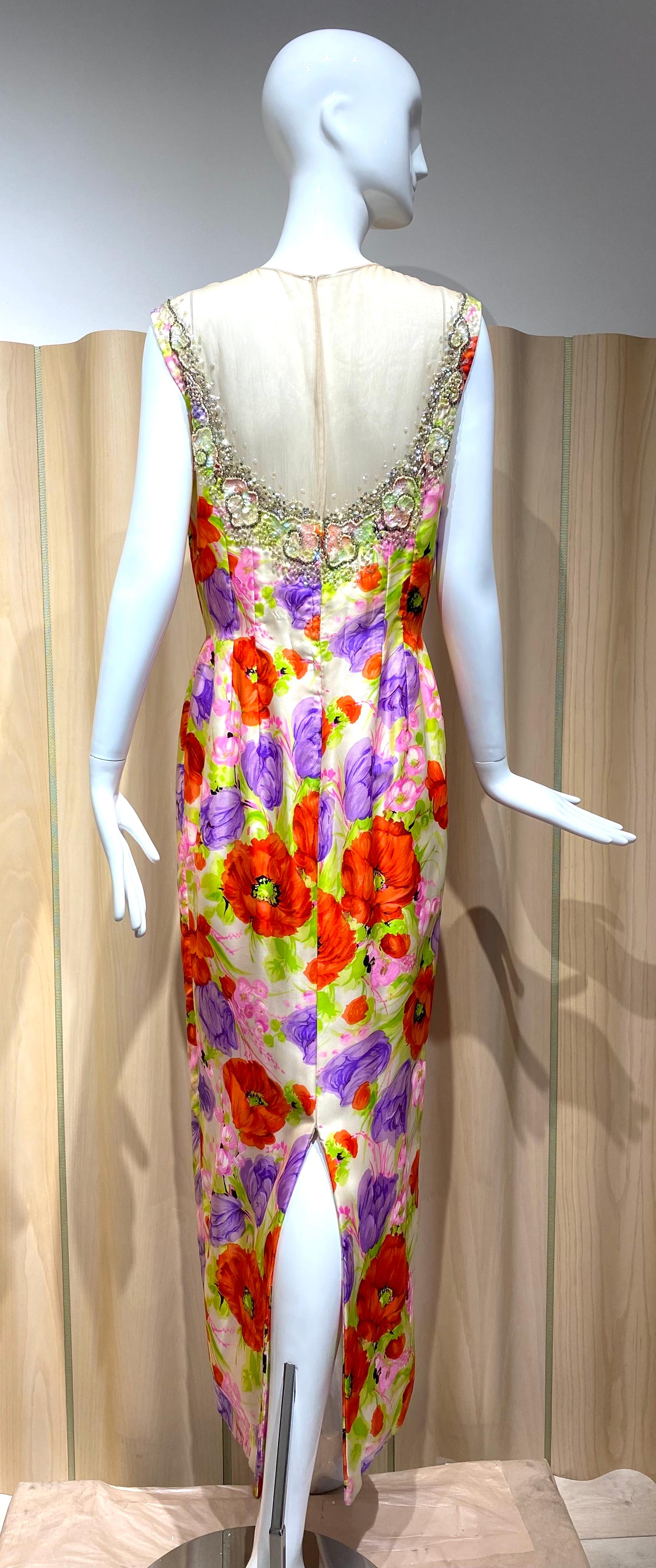 Women's 1960s Mr. Blackwell Multi Color Floral Print Silk Sheath Cocktail Dress For Sale