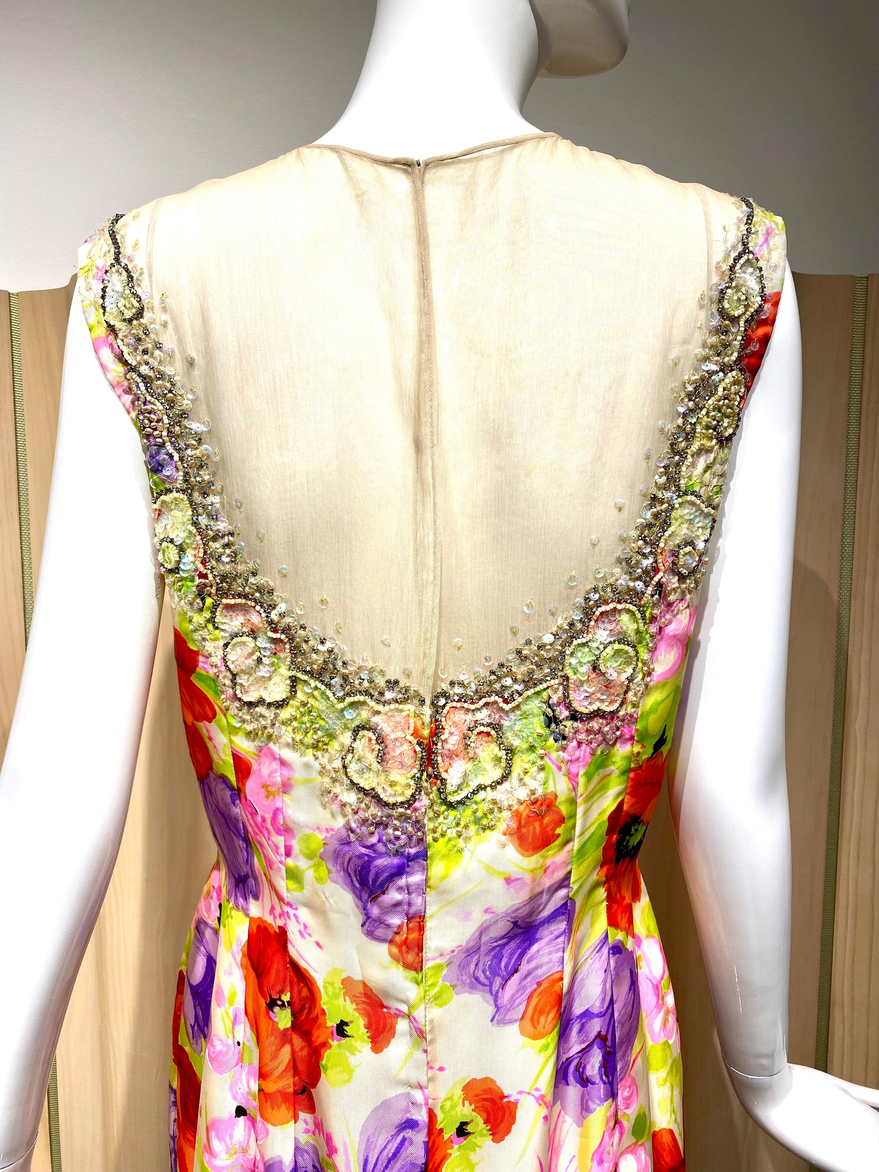 1960s Mr. Blackwell Multi Color Floral Print Silk Sheath Cocktail Dress For Sale 1