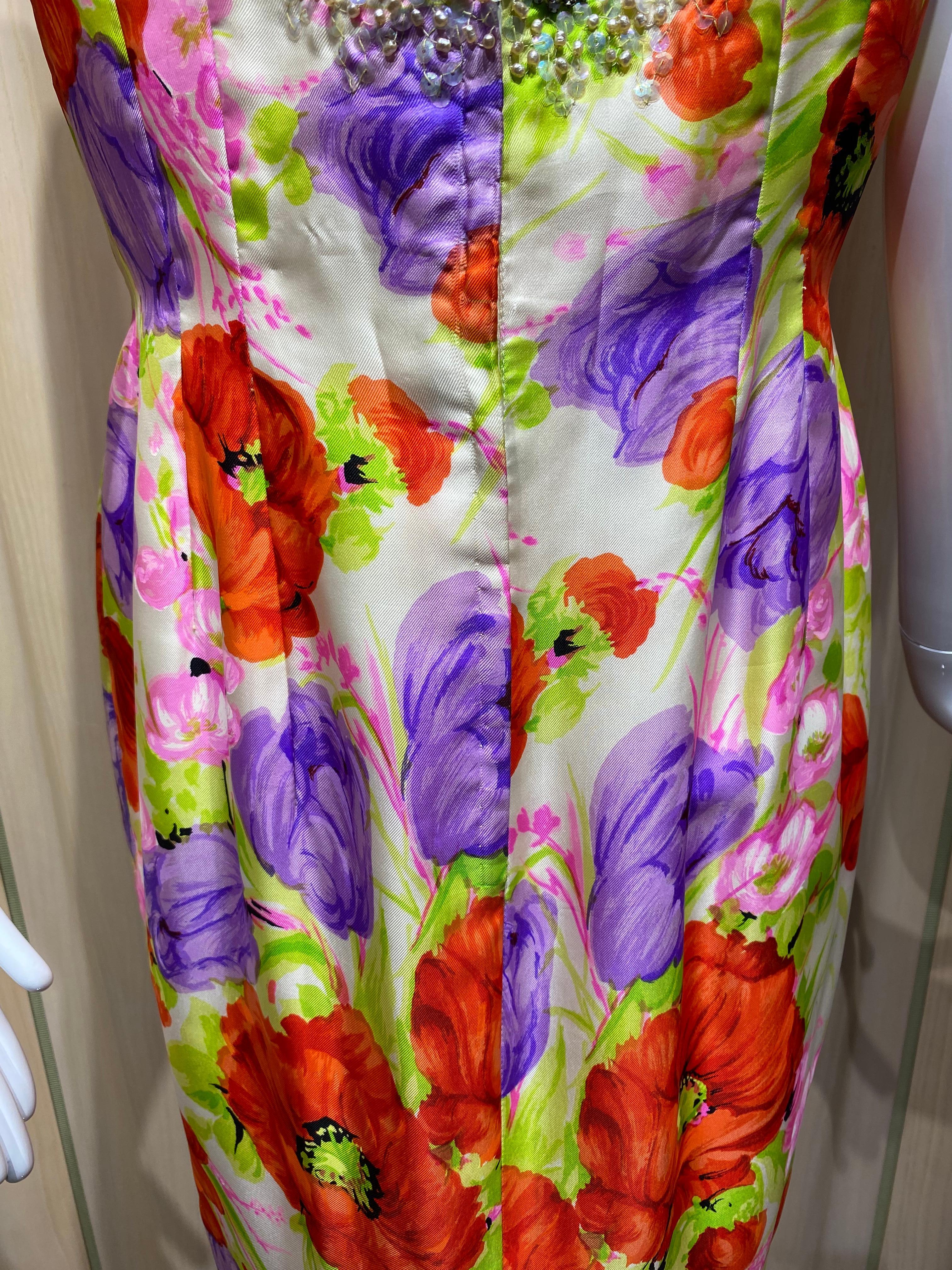 1960s Mr. Blackwell Multi Color Floral Print Silk Sheath Cocktail Dress For Sale 2