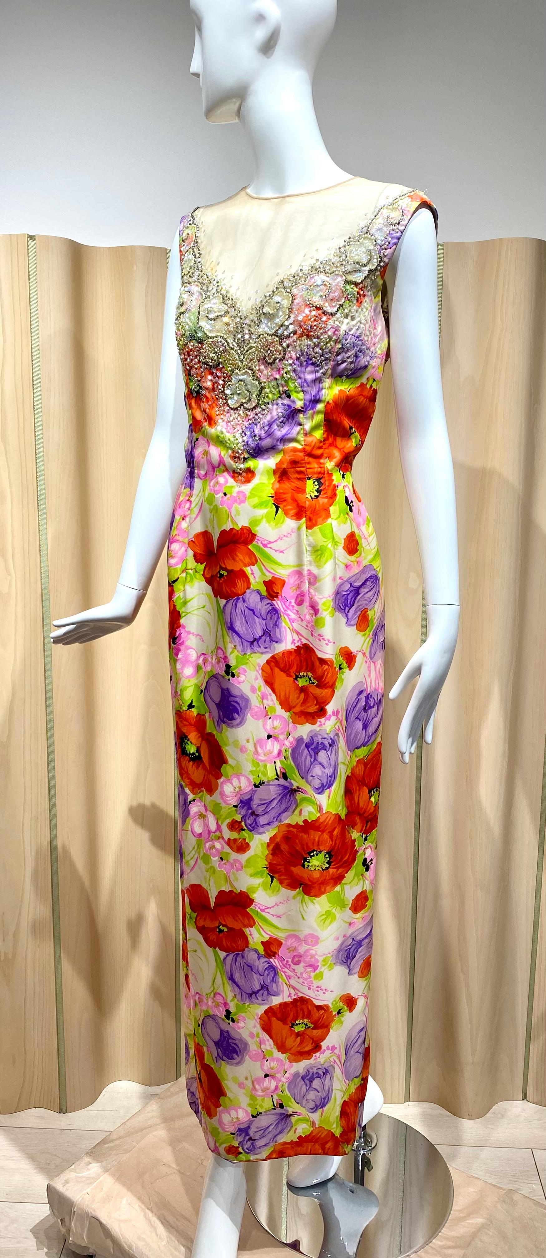 1960s Mr. Blackwell Multi Color Floral Print Silk Sheath Cocktail Dress For Sale 3