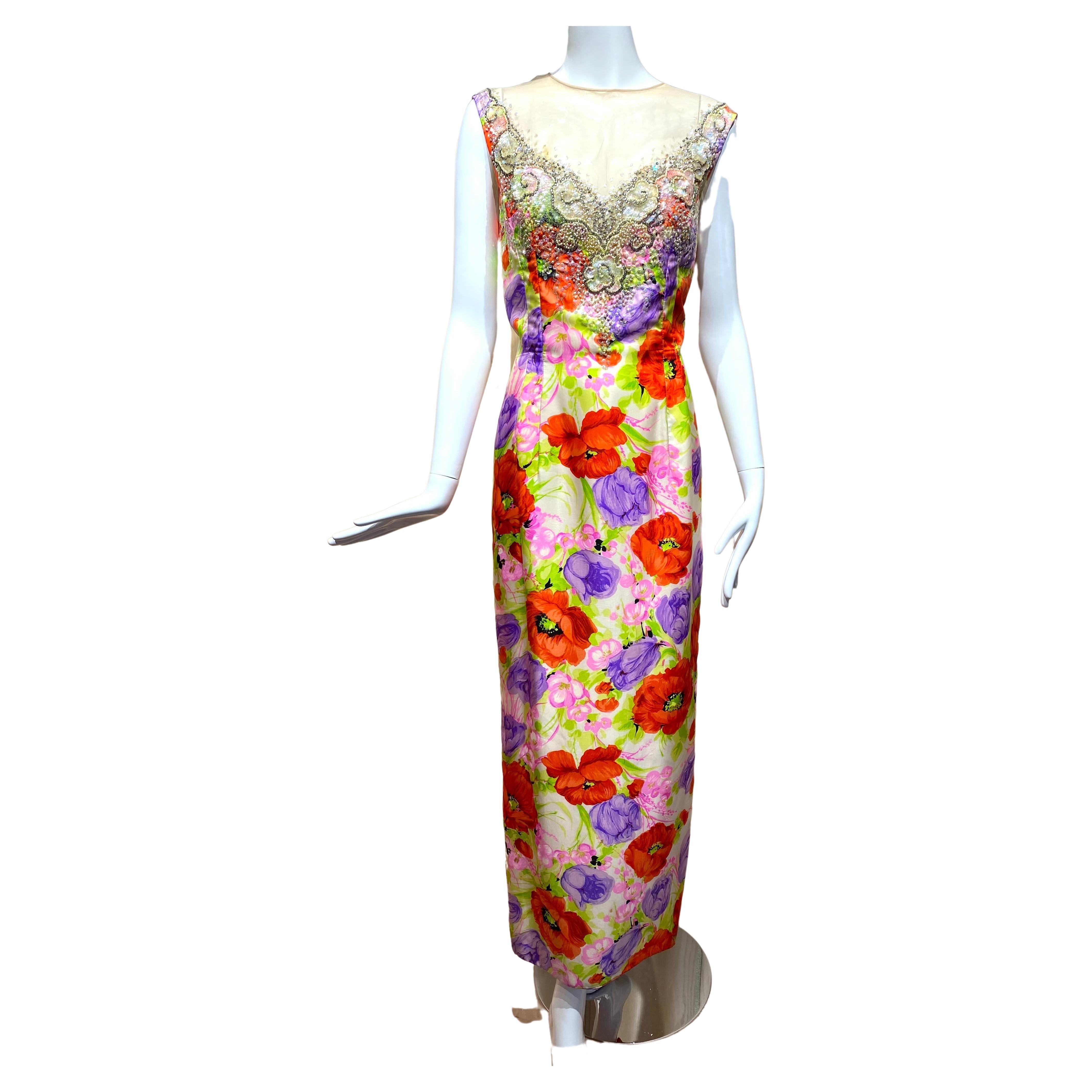 1960s Mr. Blackwell Multi Color Floral Print Silk Sheath Cocktail Dress For Sale
