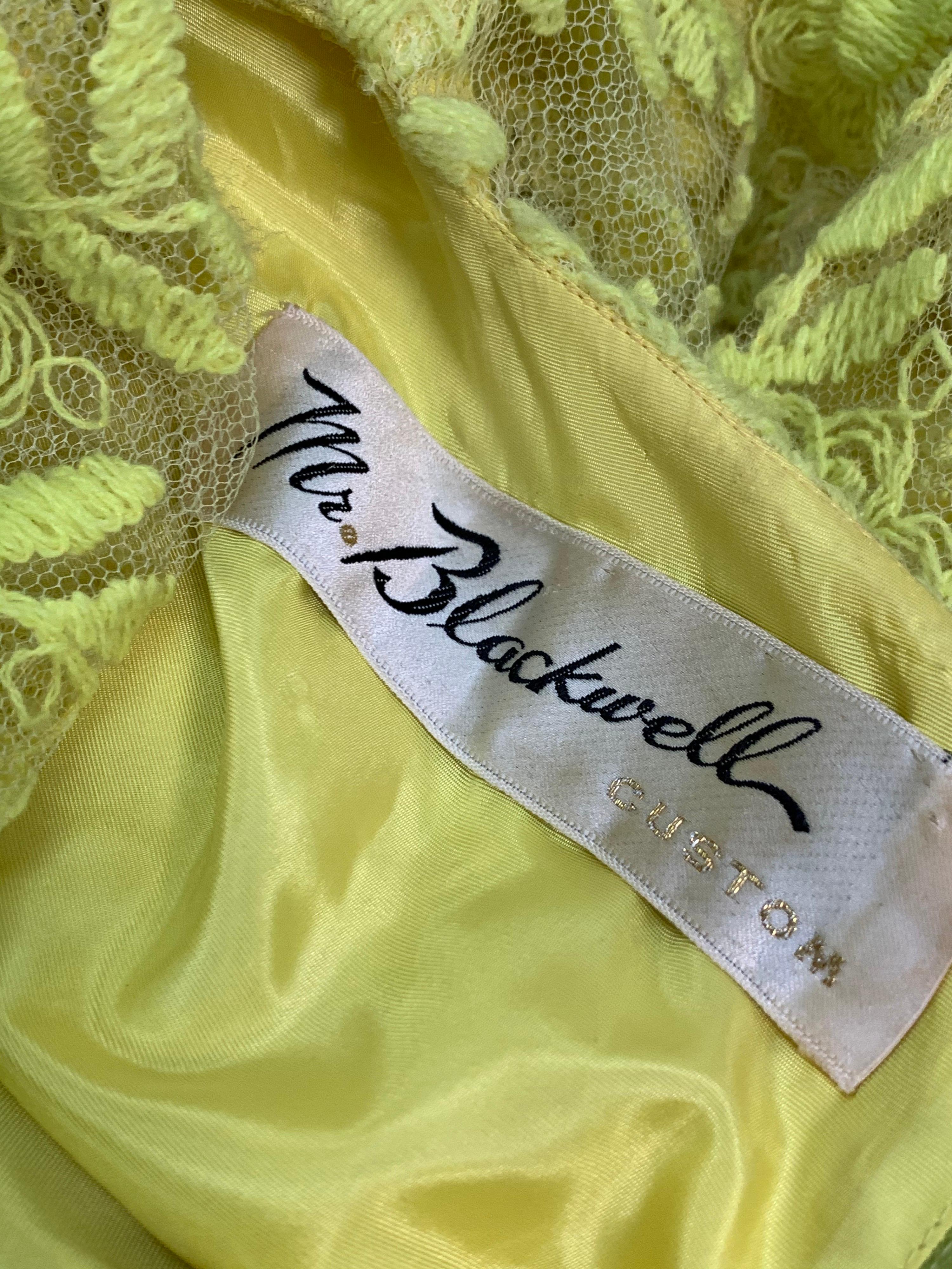 1960s Mr. Blackwell Neon Yellow Wide A-Line Swing Dress in Embroidered Tulle For Sale 3