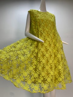 1960s Mr. Blackwell Neon Yellow Wide A-Line Swing Dress in Embroidered Tulle