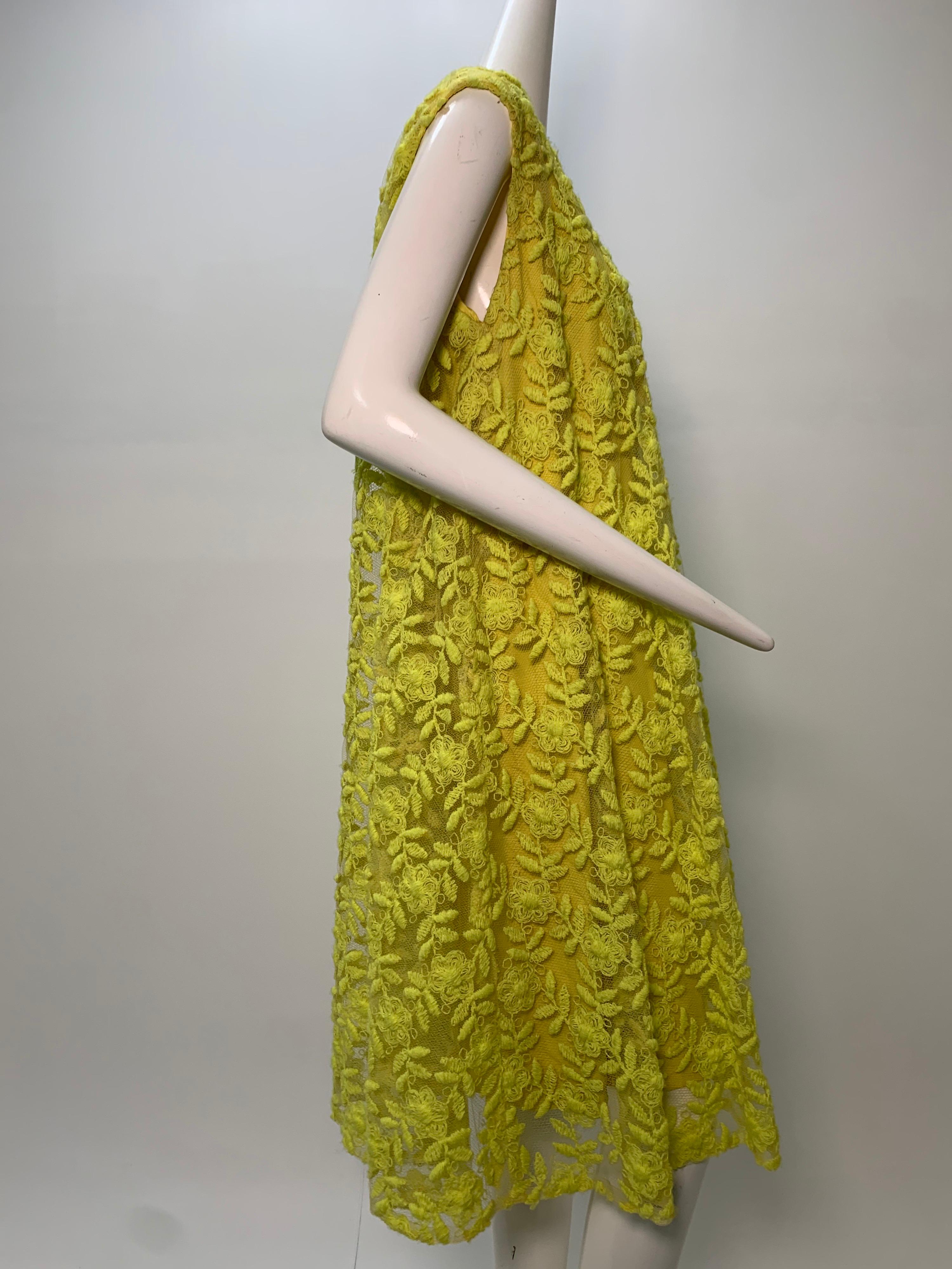 1960s Mr. Blackwell Neon Yellow Wide A-Line Swing Dress in Embroidered Tulle For Sale 1