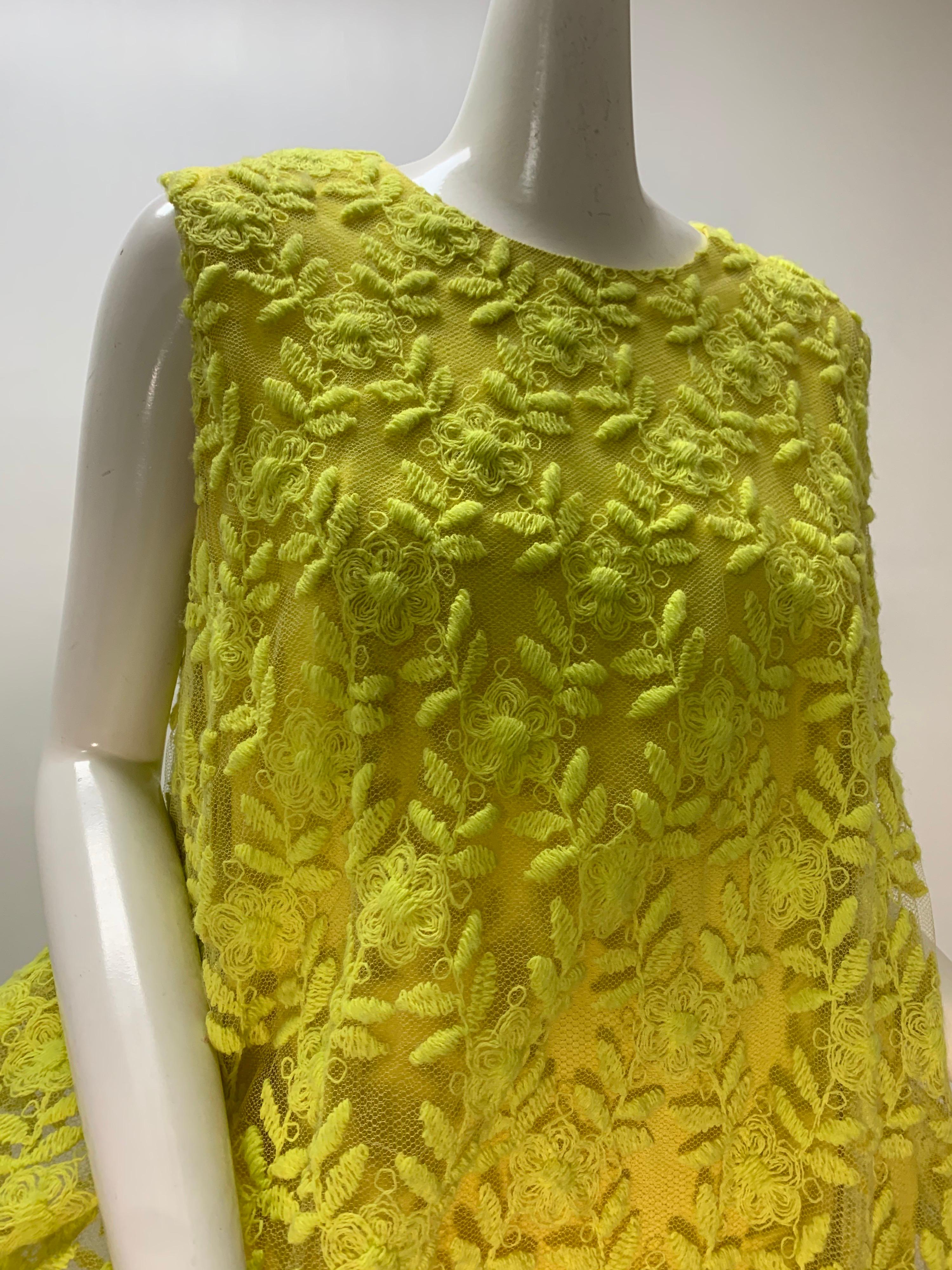 1960s Mr. Blackwell Neon Yellow Wide A-Line Swing Dress in Embroidered Tulle For Sale 2