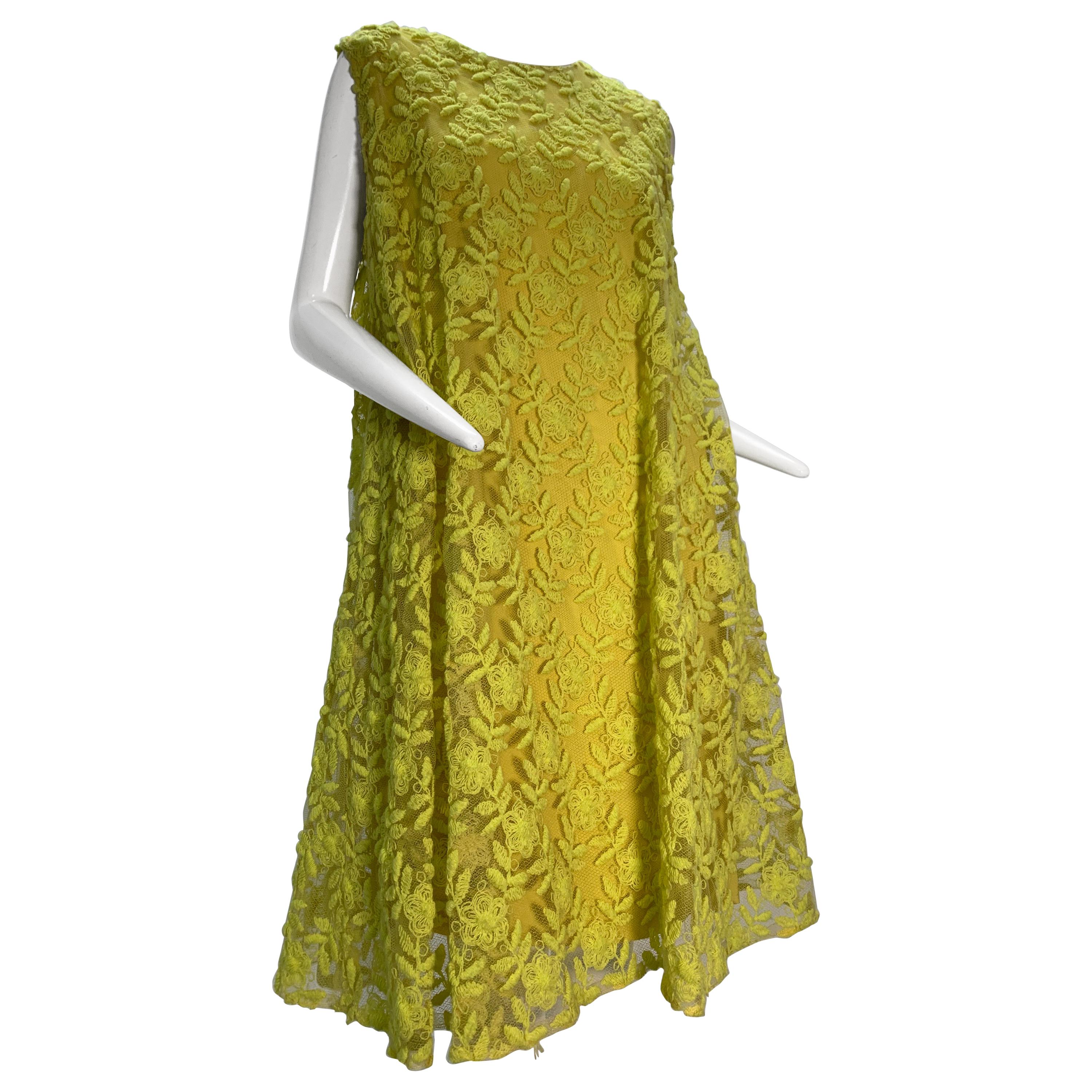 1960s Mr. Blackwell Neon Yellow Wide A-Line Swing Dress in Embroidered Tulle