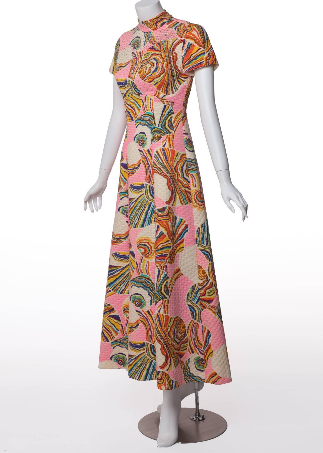 Brown 1960's Mr. Blackwell Pink Multicolor Swirl Print Rhinestone Maxi Dress