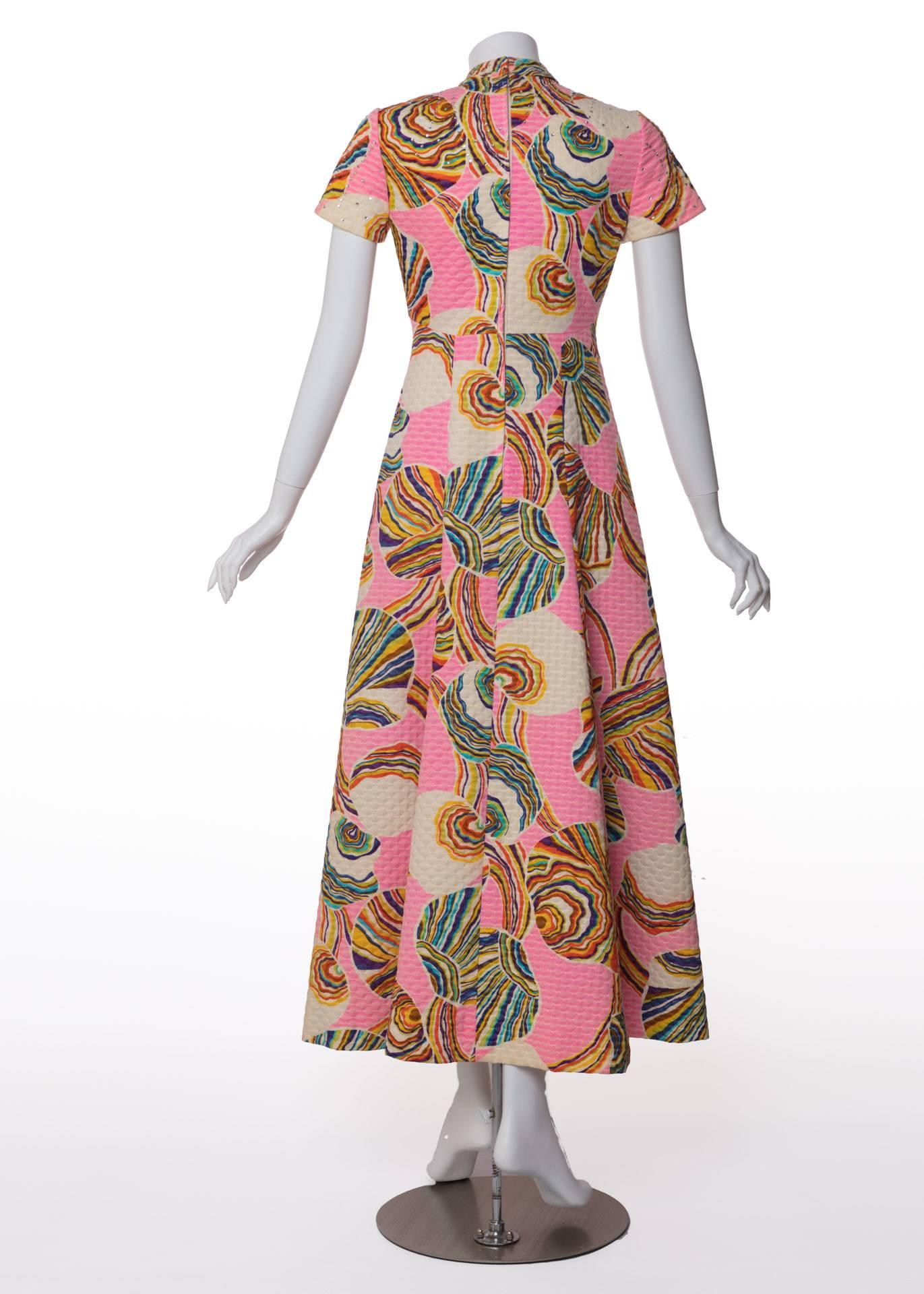 1960's Mr. Blackwell Pink Multicolor Swirl Print Rhinestone Maxi Dress In Excellent Condition In Boca Raton, FL