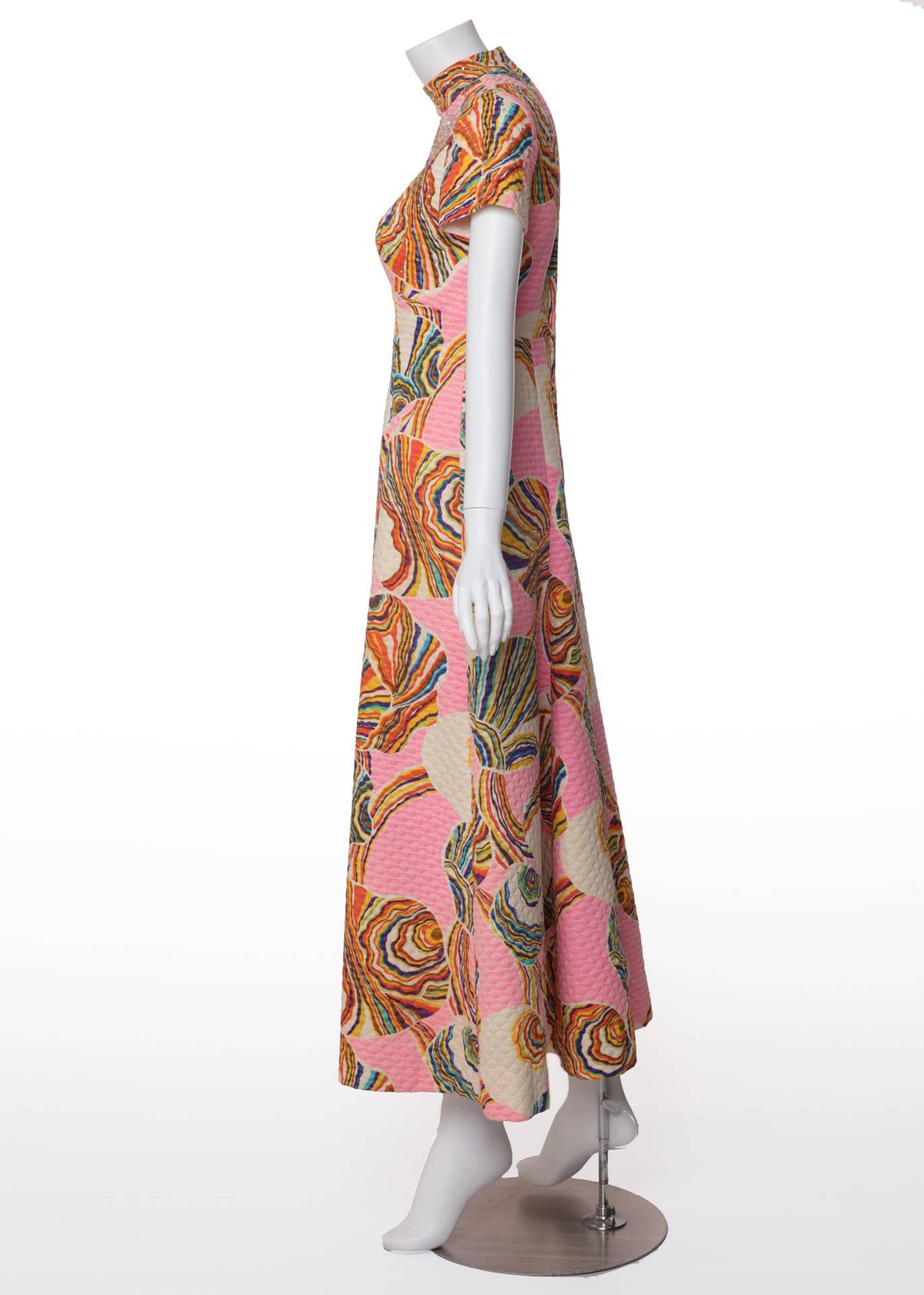 Women's 1960's Mr. Blackwell Pink Multicolor Swirl Print Rhinestone Maxi Dress