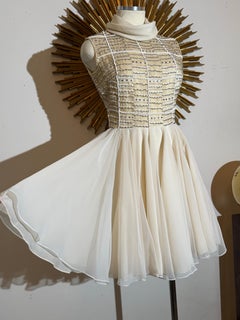 1960s Mr. Frank Cream Silk Chiffon Cocktail Dress w Rhinestone & Beaded Bodice