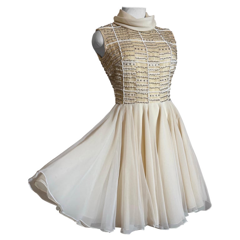 1960s Mr. Frank Cream Silk Chiffon Cocktail Dress w Rhinestone and Beaded  Bodice For Sale at 1stDibs