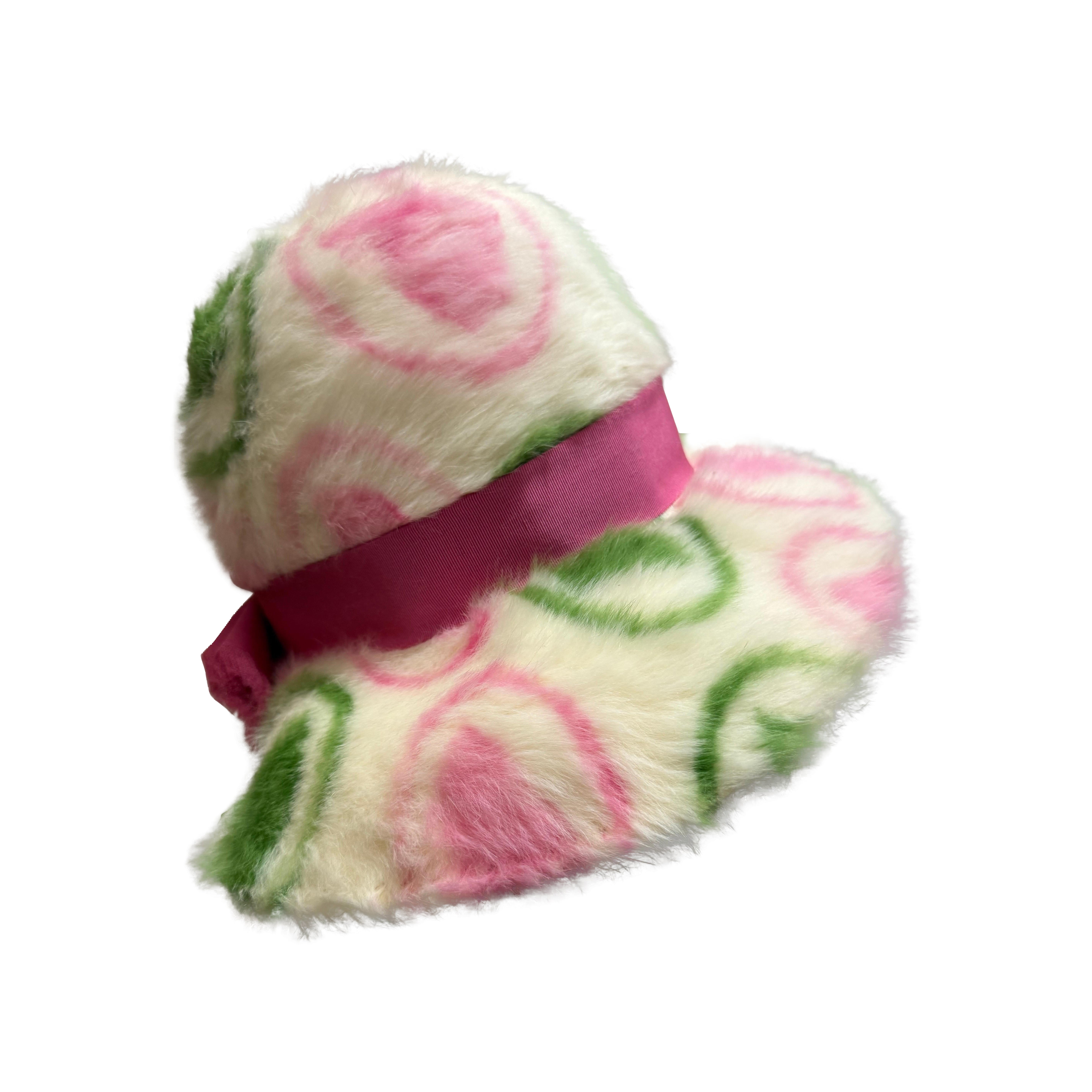 1960s Mr. John Jr. Angora Felt Fedora w Charming Pink 
Green Medallion Motifs For Sale