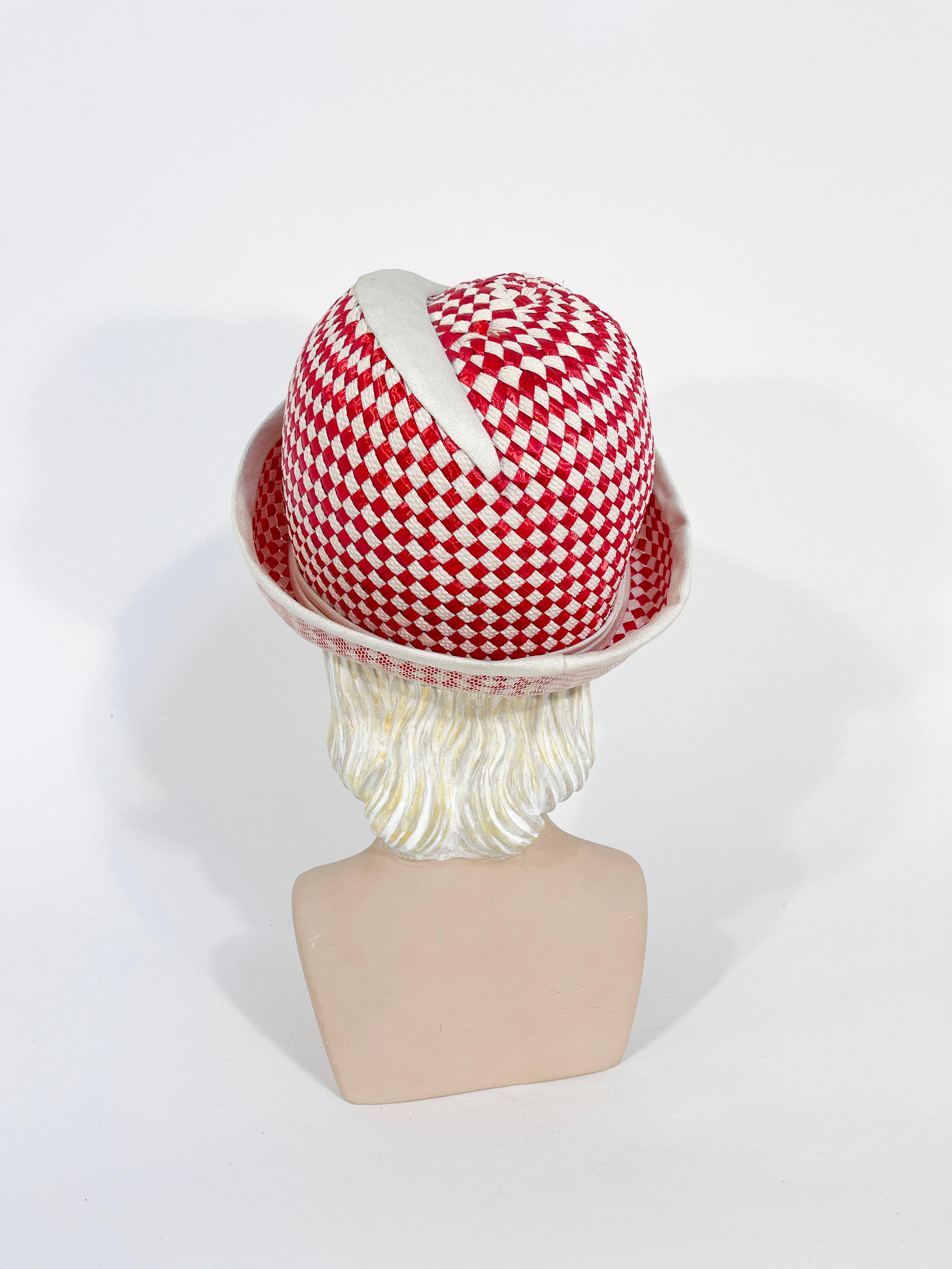 Beige 1960s Mr. John Red and White Raffia Hat