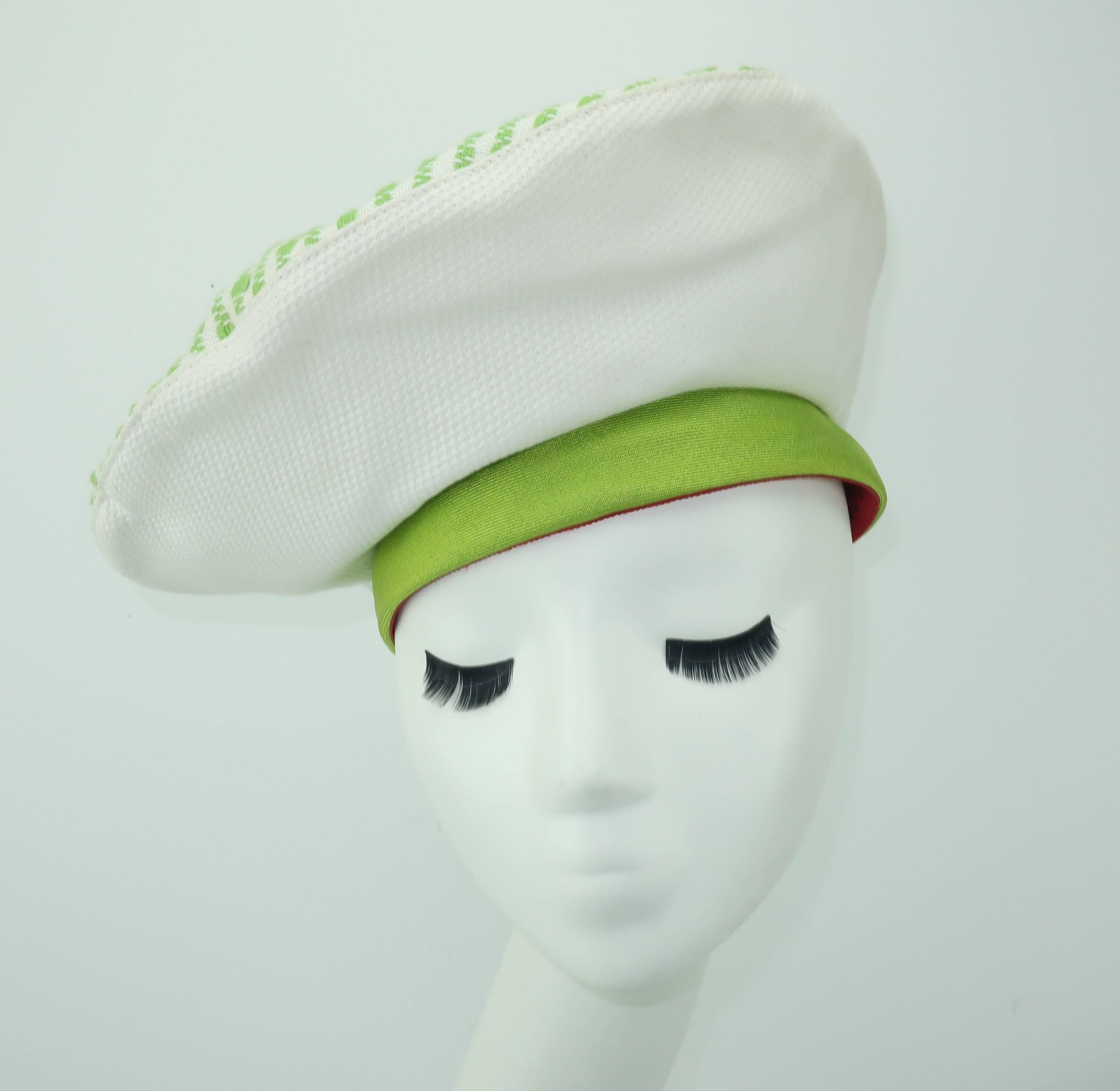 1960's Mr. John White & Green Pique Beret Hat In Excellent Condition For Sale In Atlanta, GA