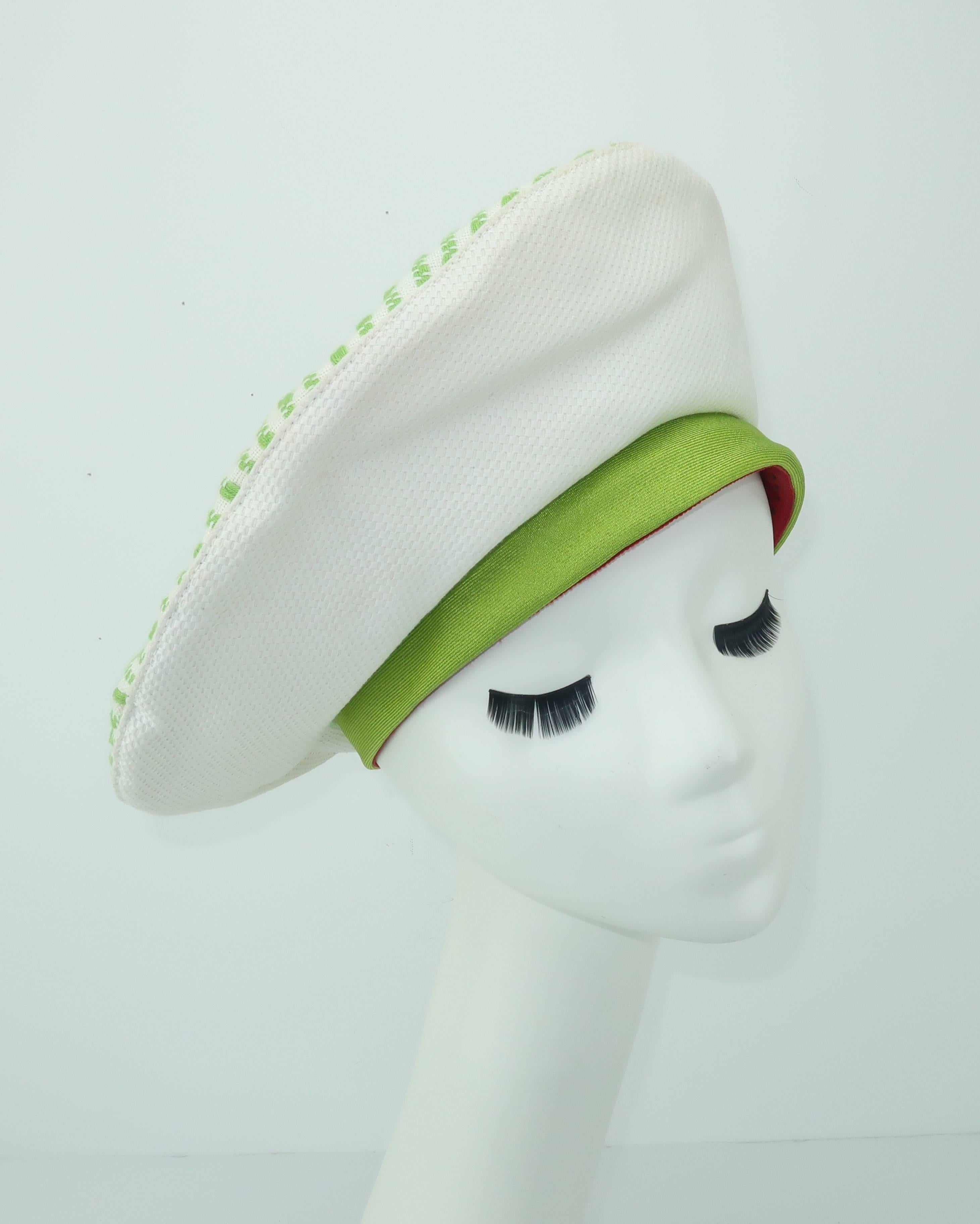 Women's 1960's Mr. John White & Green Pique Beret Hat For Sale