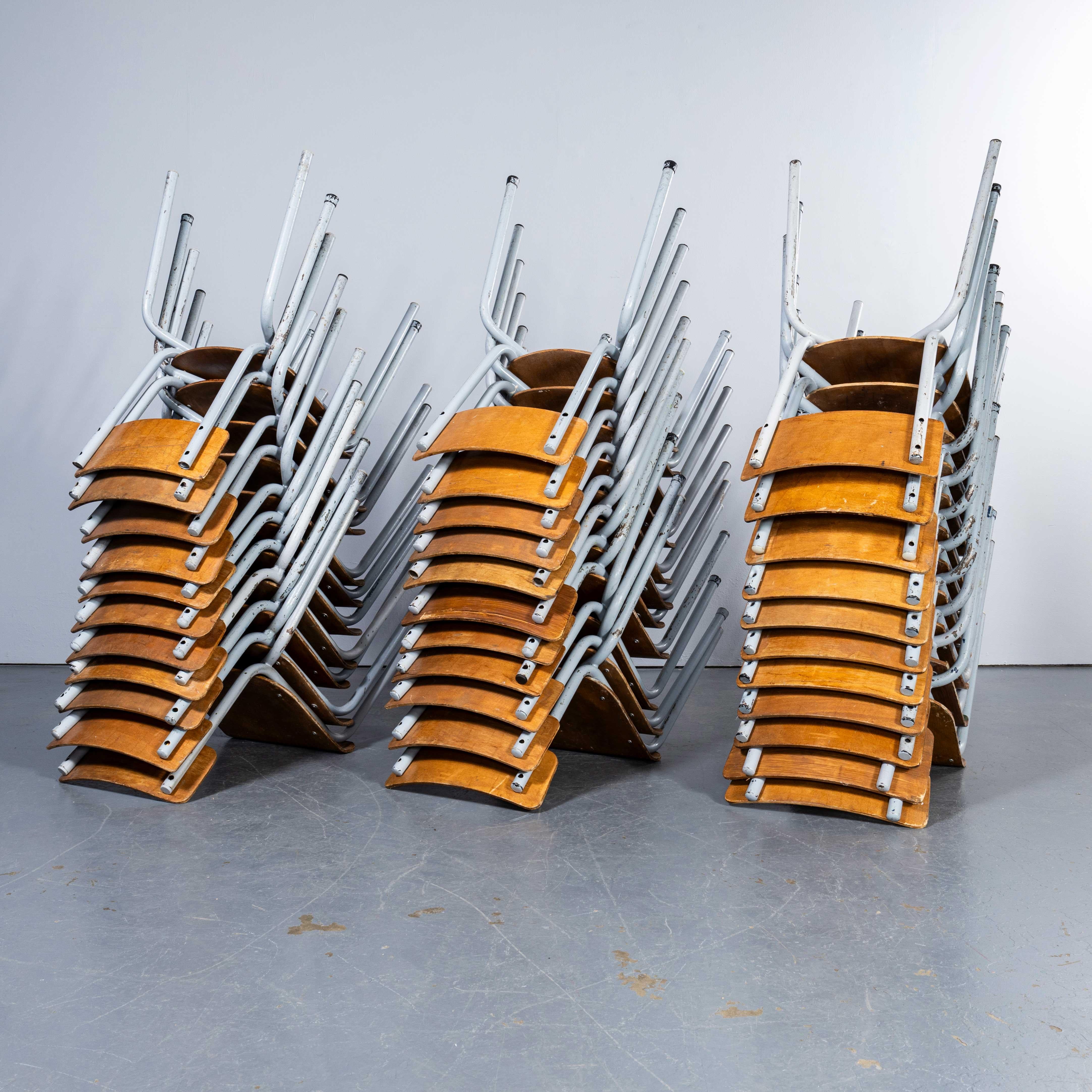 1960's Mullca Simple Grey Stacking Dining Chairs - Large Quantity Available. 

One of our most favourite makers, in 1947 Robert Muller and Gaston Cavaillon created the company that went on to develop arguably the most famous French school chair.