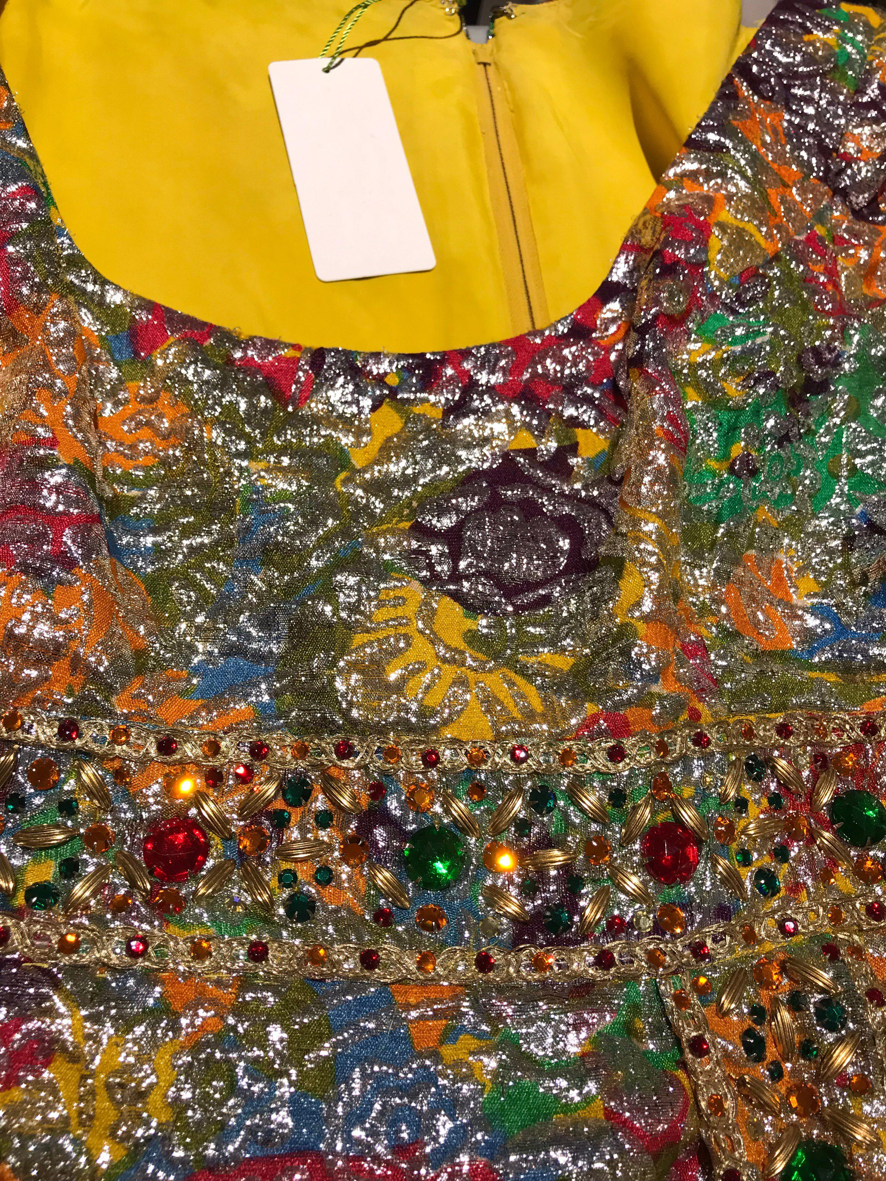 1960s Multi Color Metallic Silk Brocade Dress with Embellishment For Sale 5