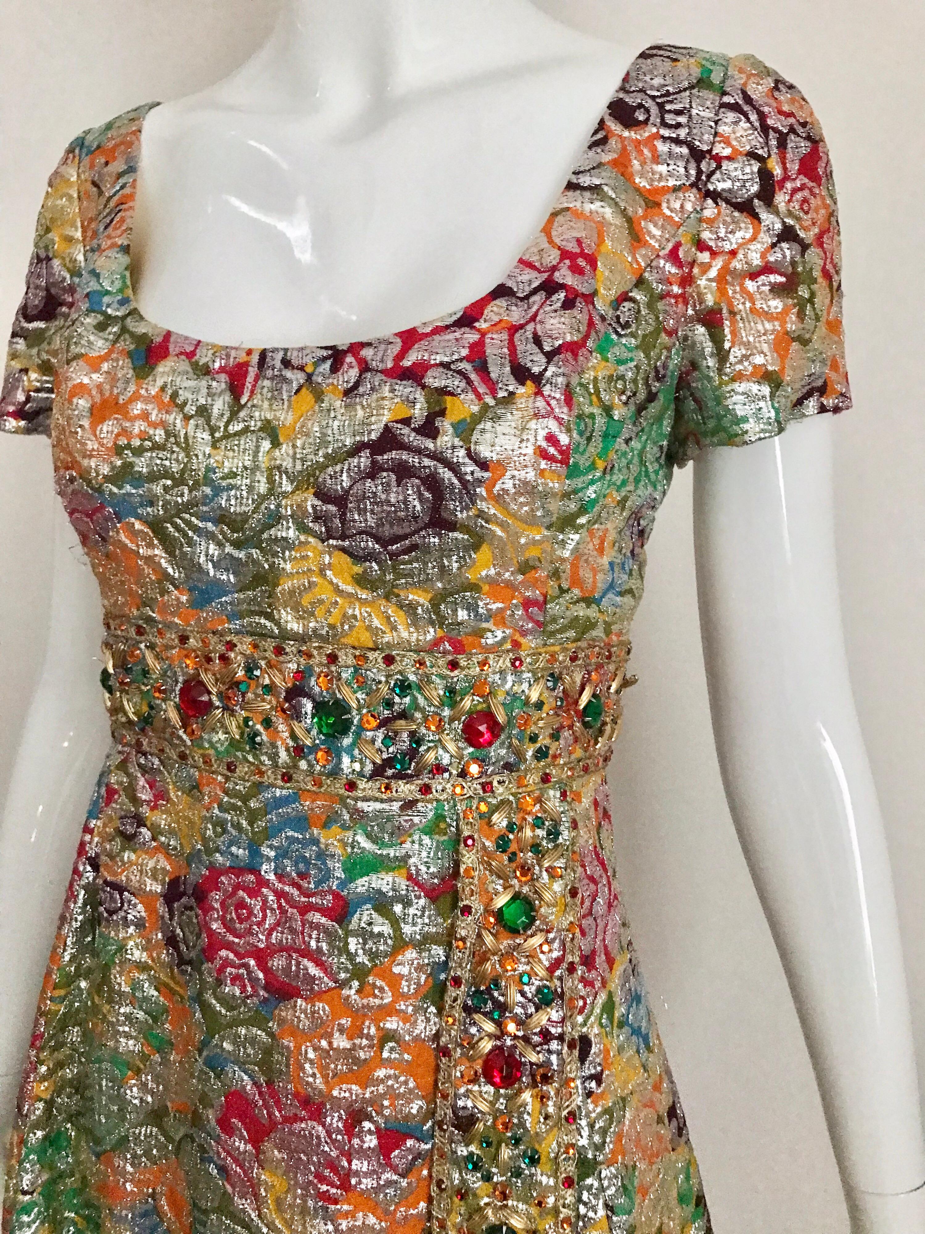 1960s Multi Color Metallic Silk Brocade Dress with Embellishment For Sale 4
