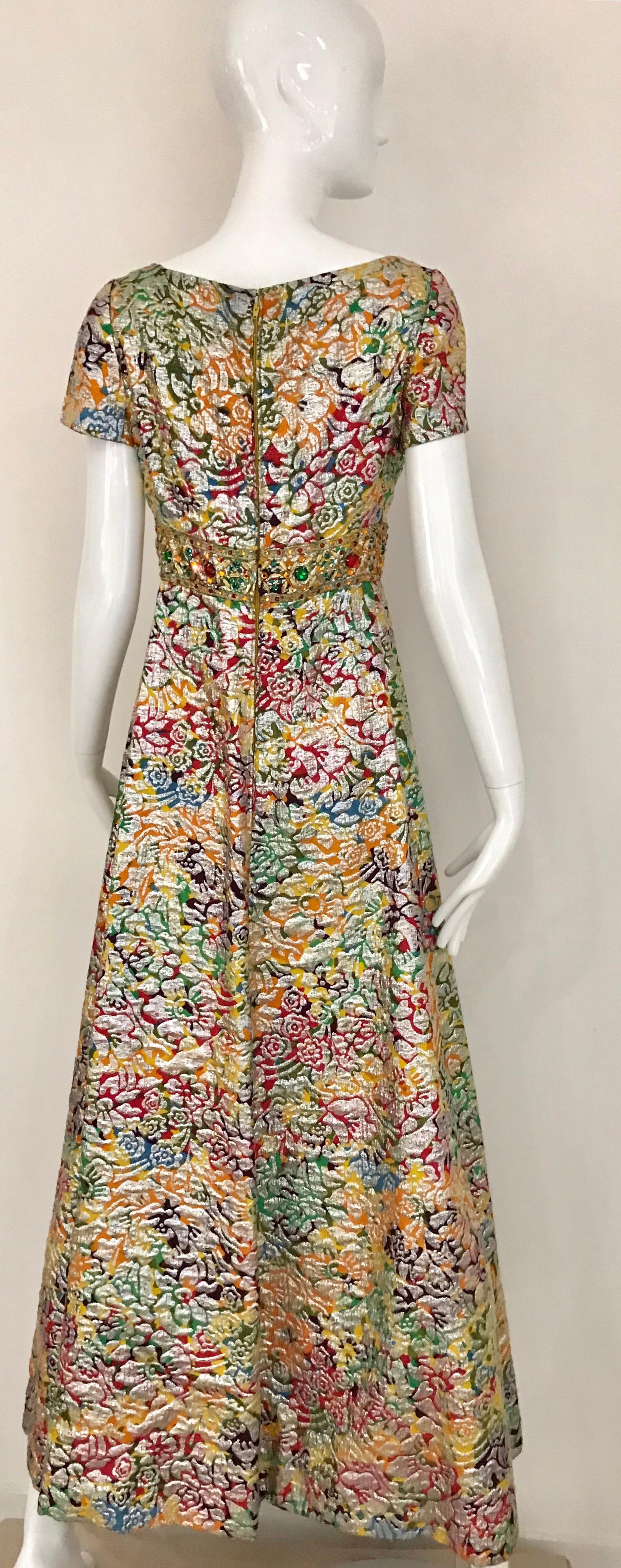 1960s Multi Color Metallic Silk Brocade Dress with Embellishment In Good Condition For Sale In Beverly Hills, CA