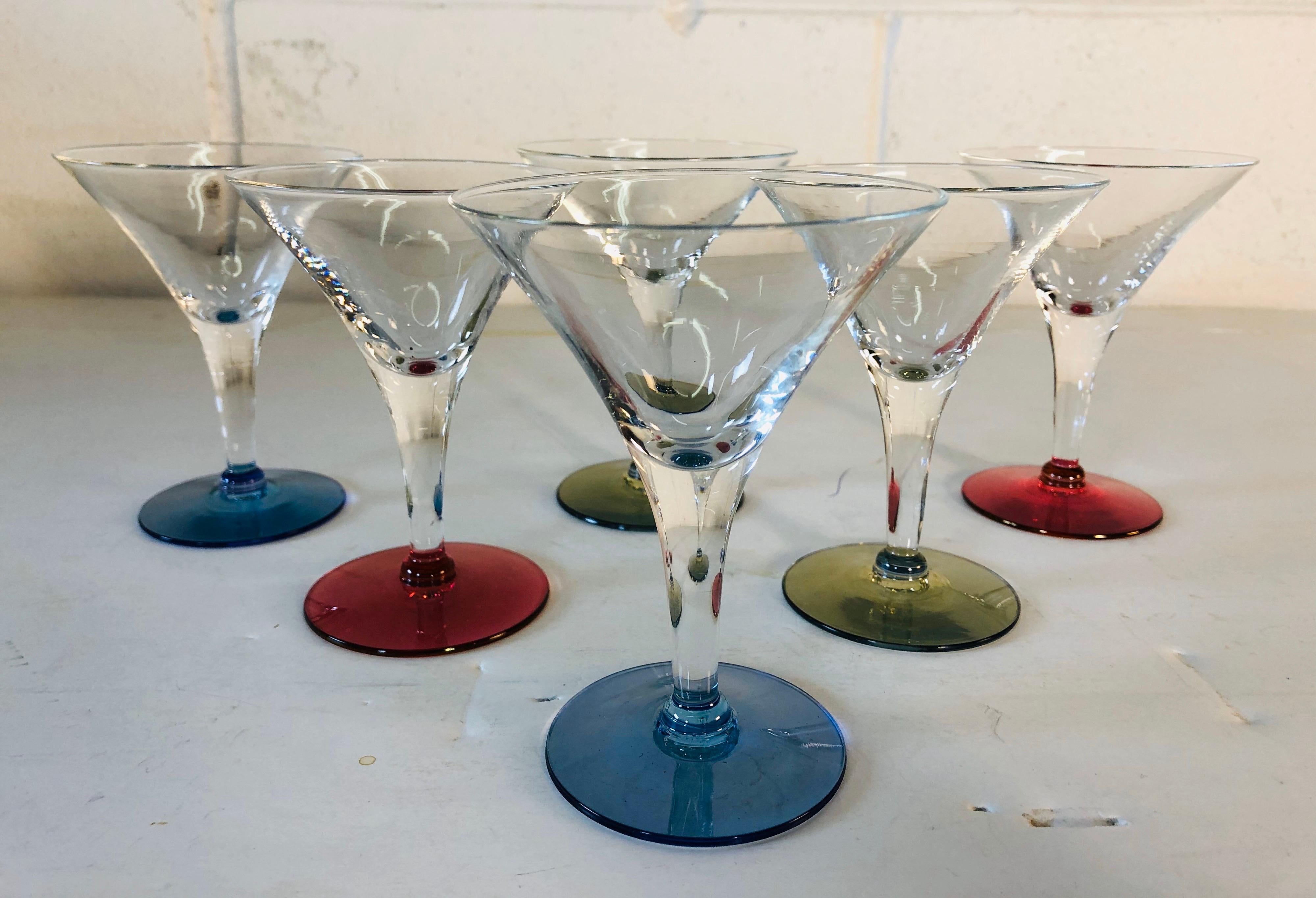 Vintage set of 6 multicolored small glass martini stems. Excellent condition. No marks.