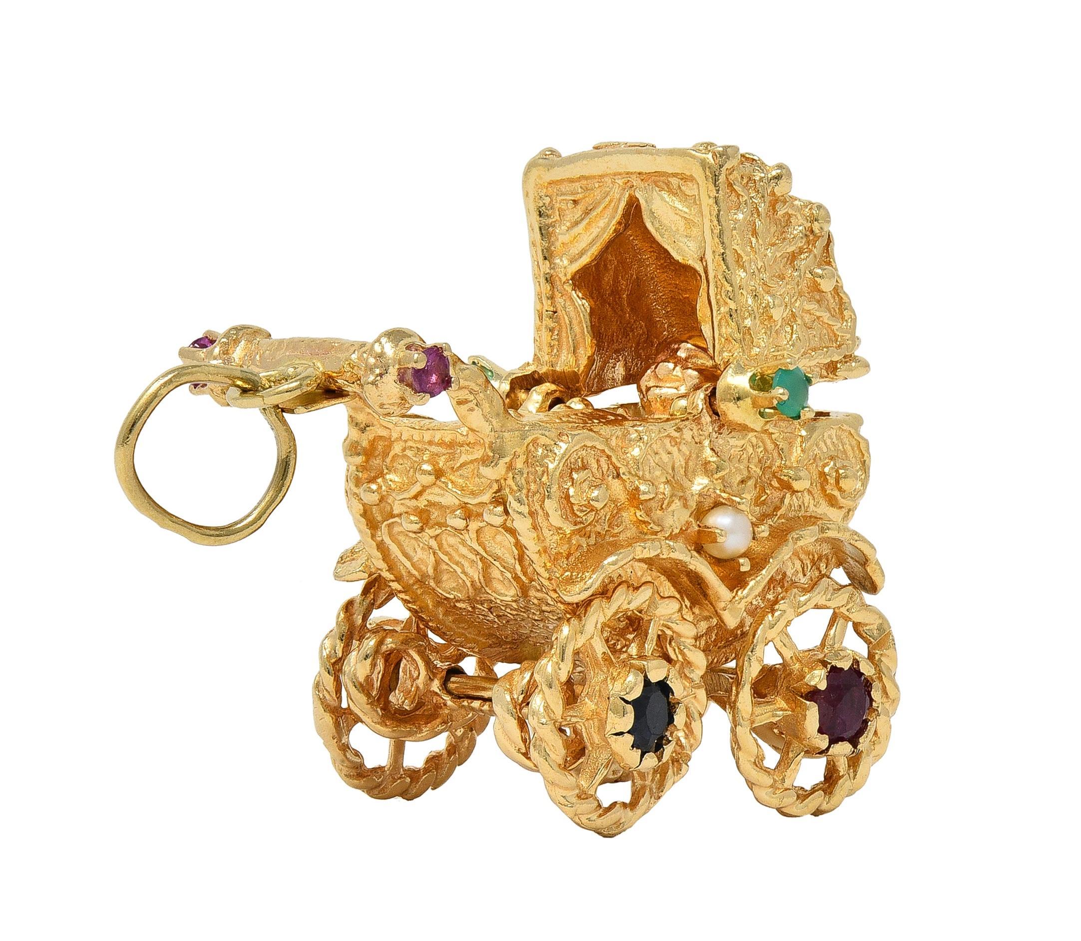 Modern 1960's Multi-Gem 14 Karat Yellow Gold Vintage Baby Carriage Charm For Sale