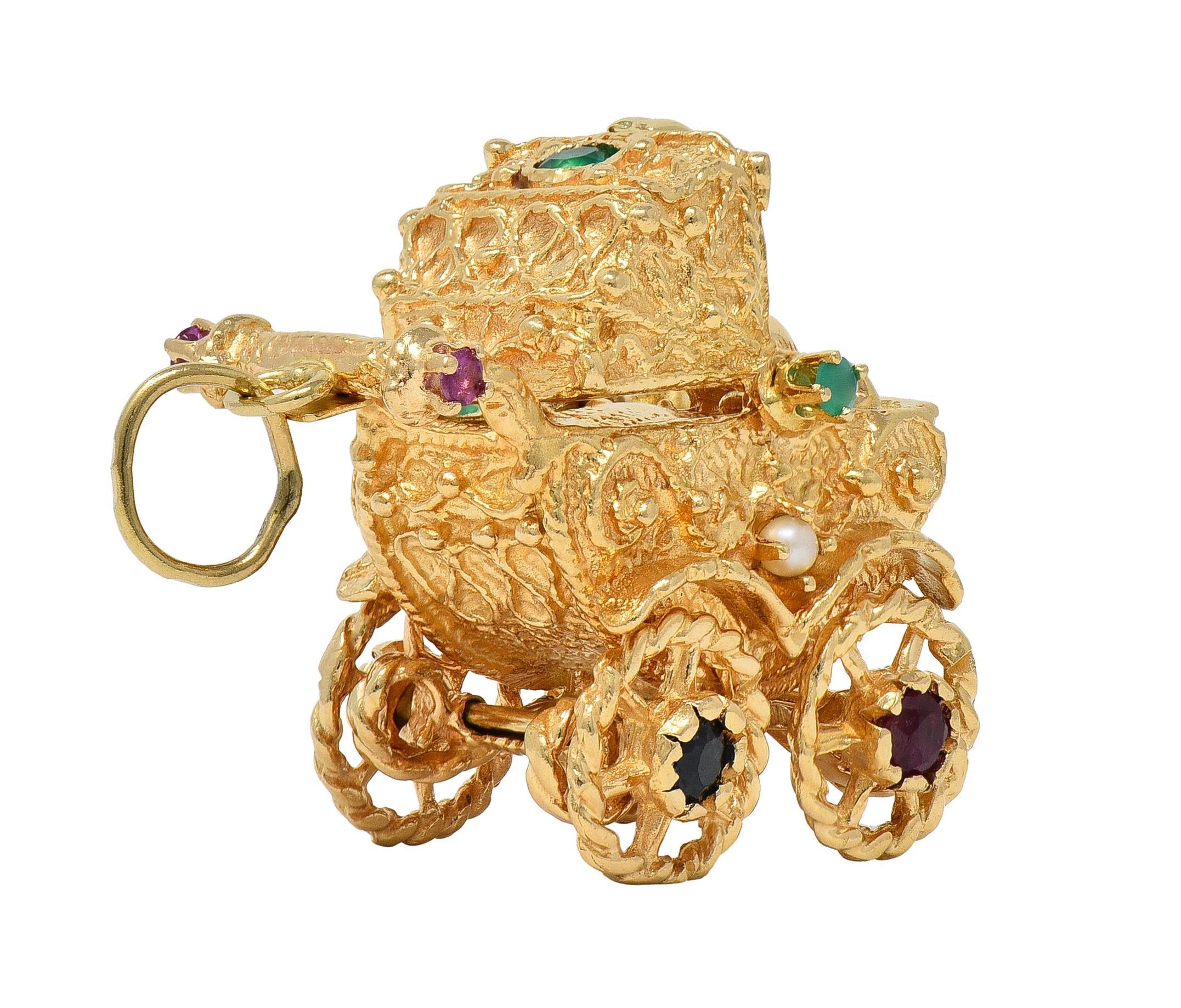 Round Cut 1960's Multi-Gem 14 Karat Yellow Gold Vintage Baby Carriage Charm For Sale