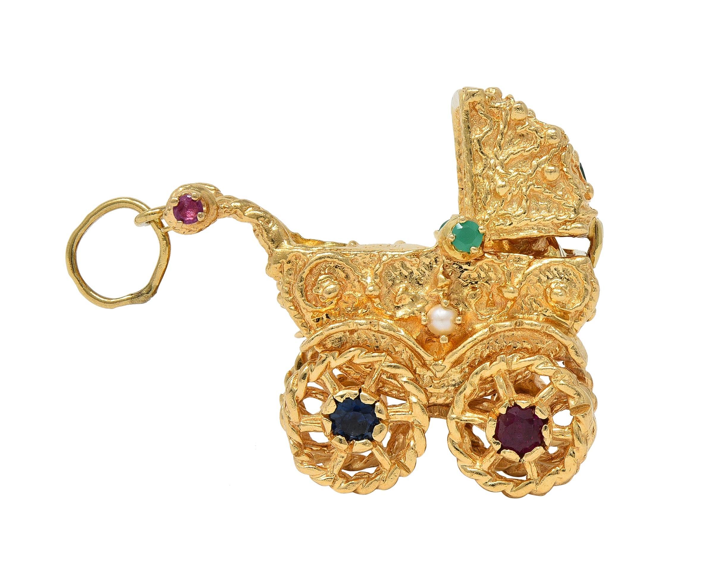 1960's Multi-Gem 14 Karat Yellow Gold Vintage Baby Carriage Charm In Excellent Condition For Sale In Philadelphia, PA