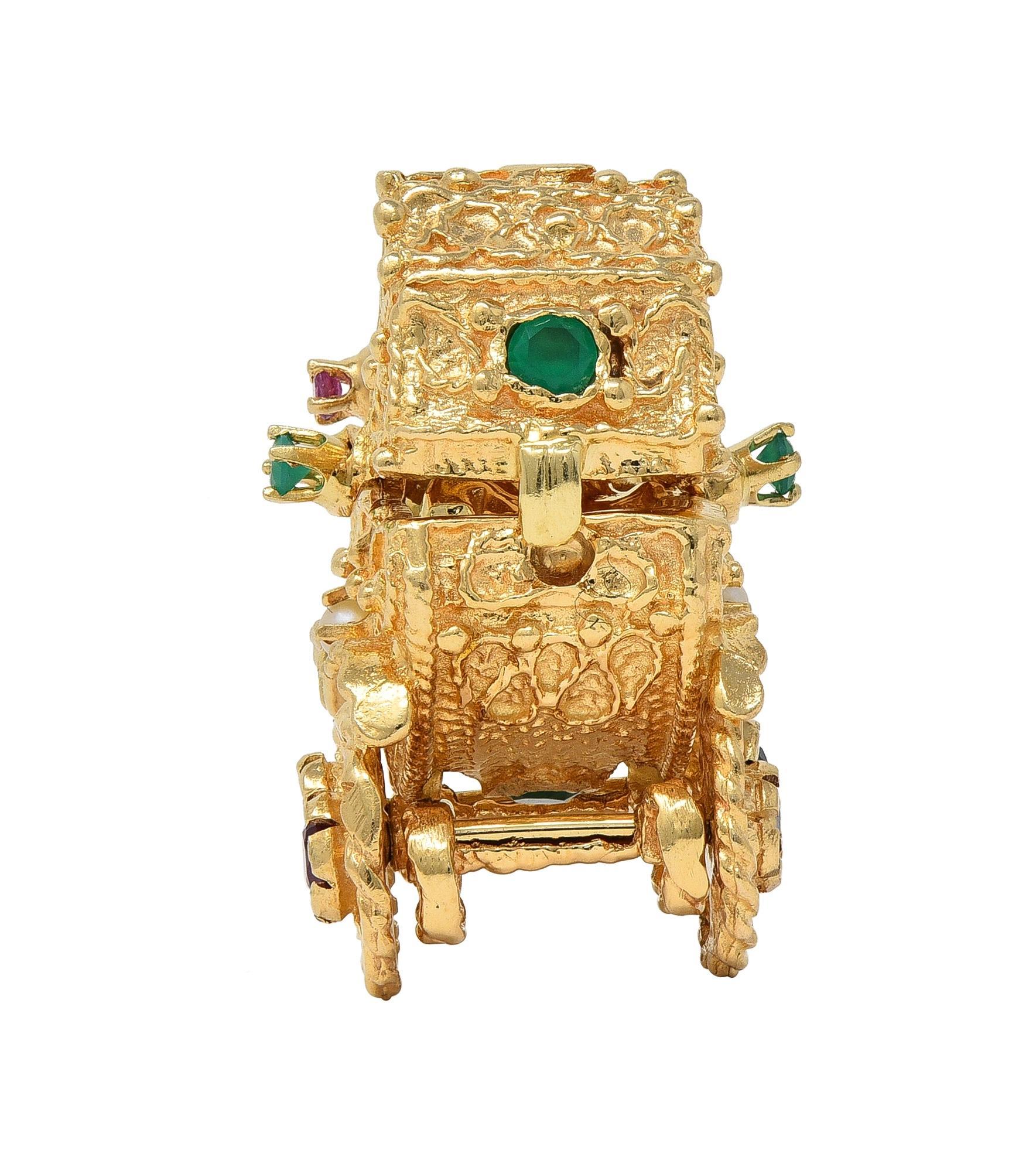 Women's or Men's 1960's Multi-Gem 14 Karat Yellow Gold Vintage Baby Carriage Charm For Sale
